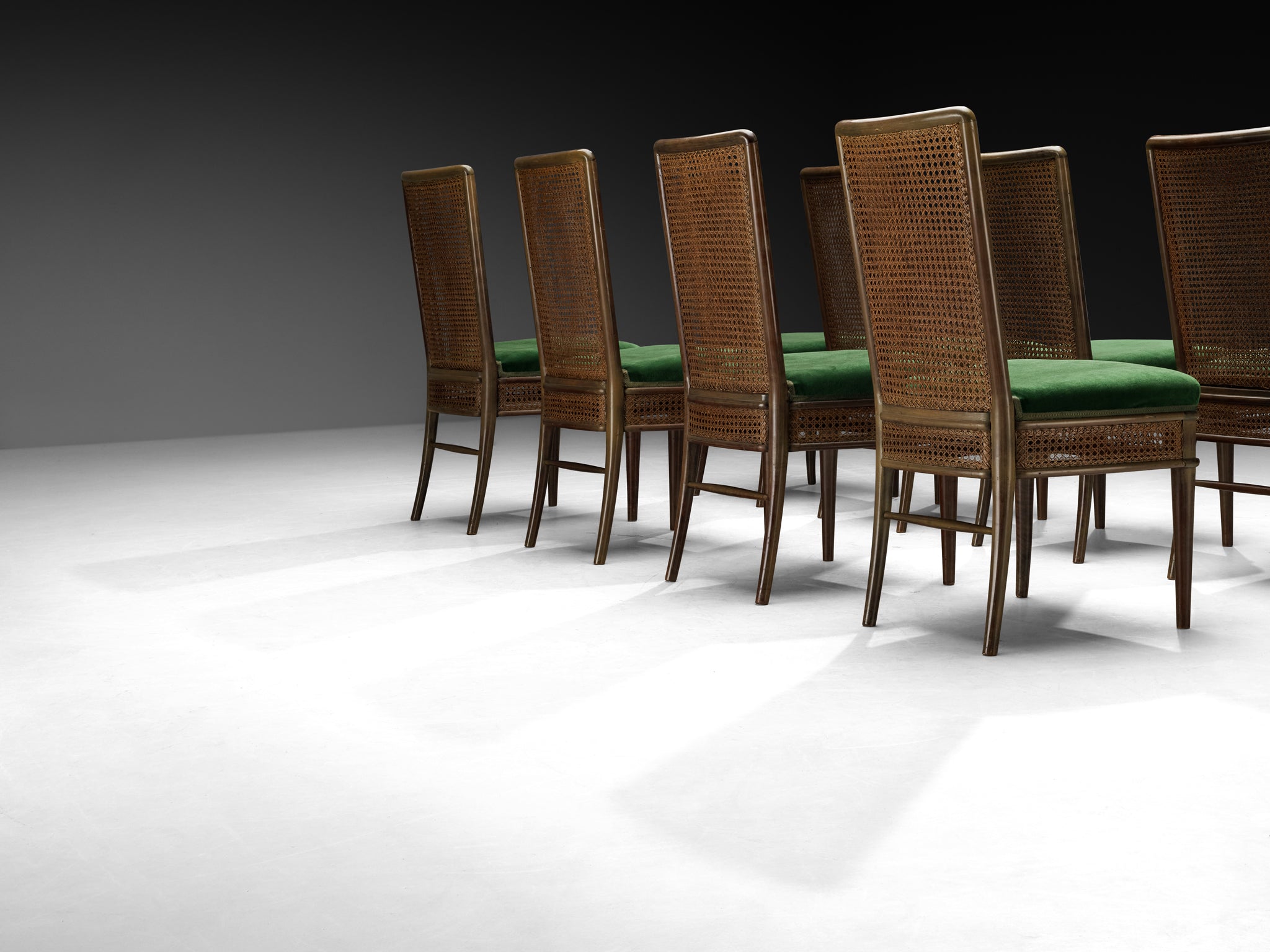 Guglielmo Ulrich for Ar.Ca Set of Eight Dining Chairs in Cane and Dark Green Velvet Seating Morentz