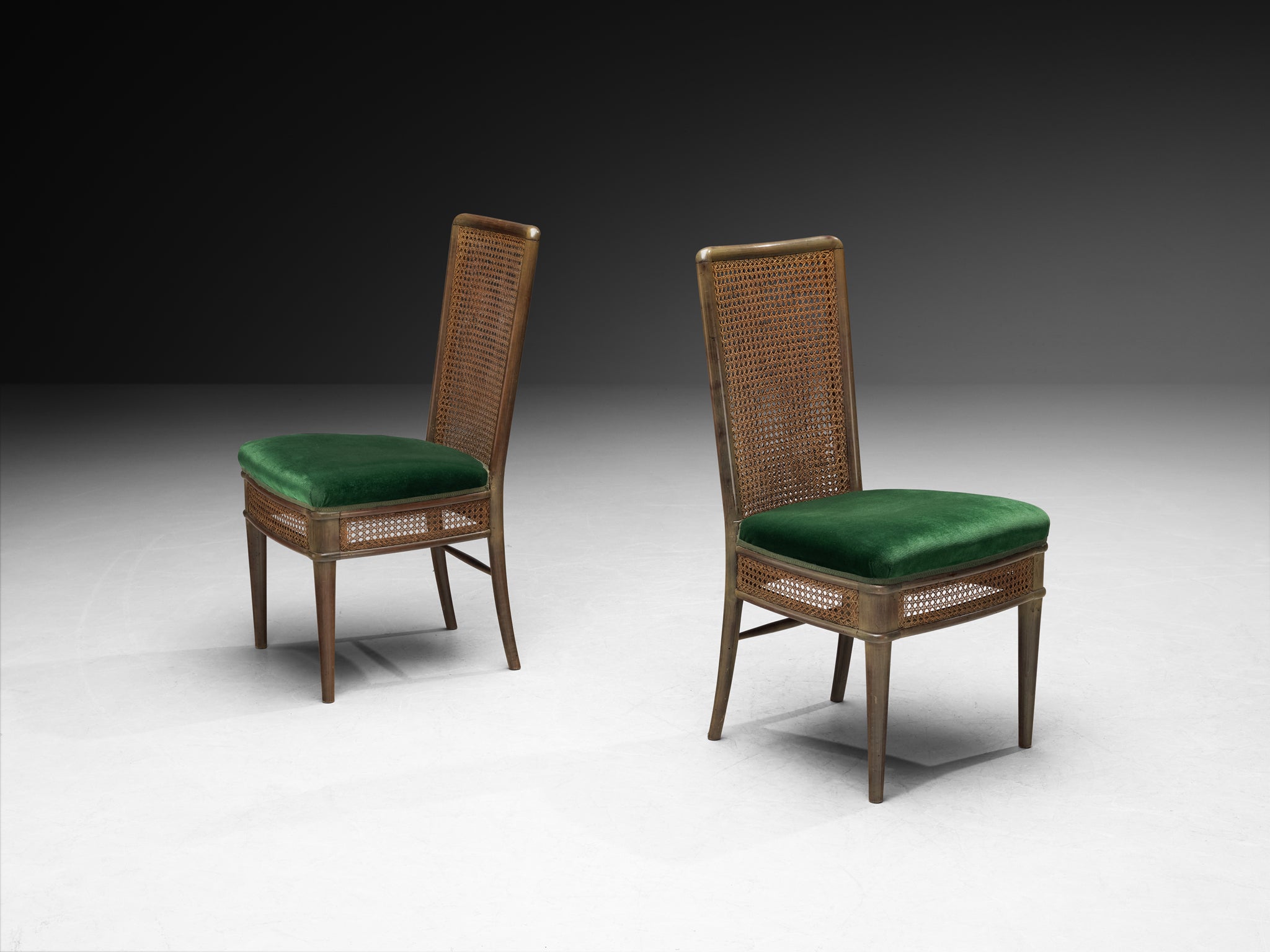 Guglielmo Ulrich for Ar.Ca Set of Eight Dining Chairs in Cane and Dark Green Velvet Seating Morentz