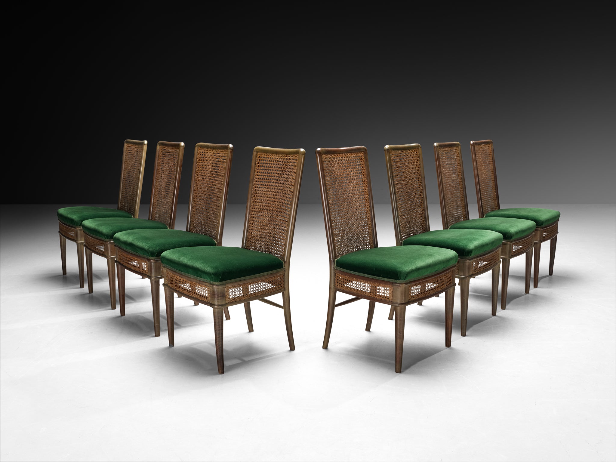Guglielmo Ulrich for Ar.Ca Set of Eight Dining Chairs in Cane and Dark Green Velvet