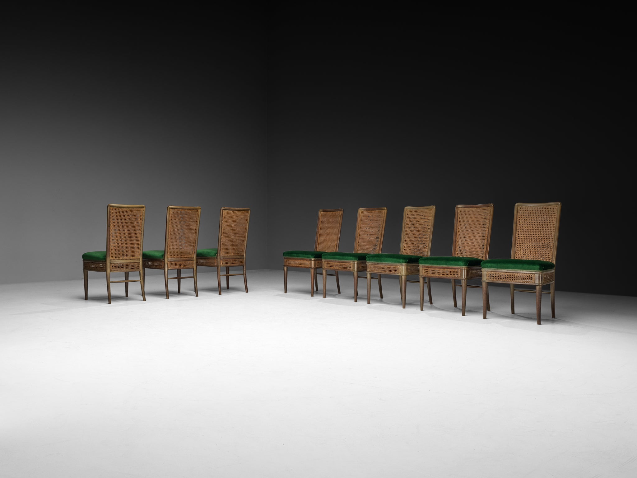 Guglielmo Ulrich for Ar.Ca Set of Eight Dining Chairs in Cane and Dark Green Velvet Seating Morentz