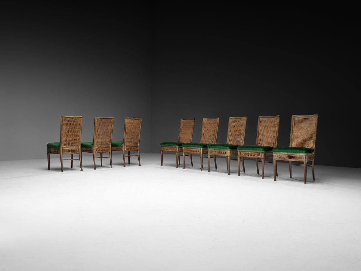 Guglielmo Ulrich for Ar.Ca Set of Eight Dining Chairs in Cane and Dark Green Velvet