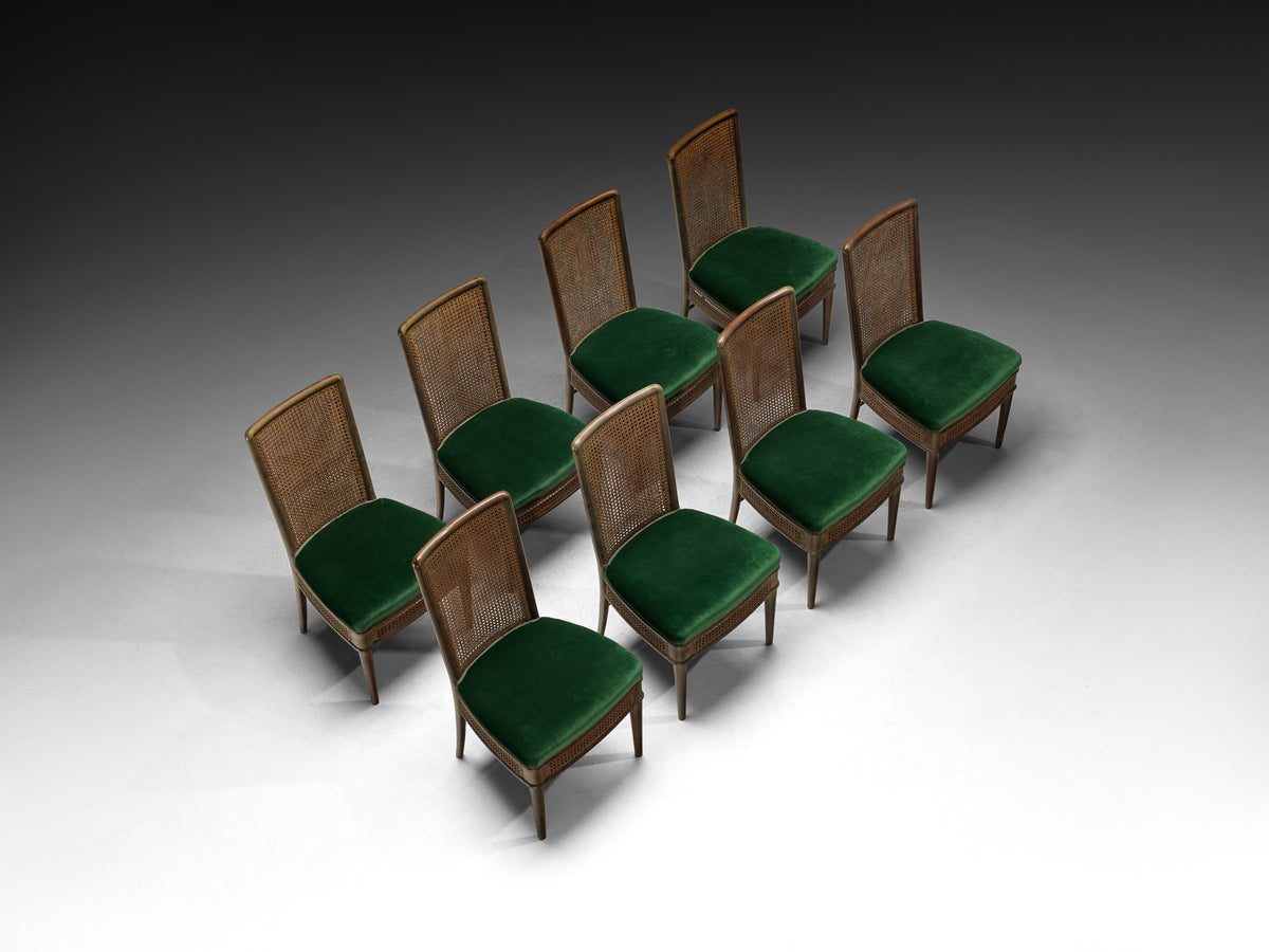 Guglielmo Ulrich for Ar.Ca Set of Eight Dining Chairs in Cane and Dark Green Velvet