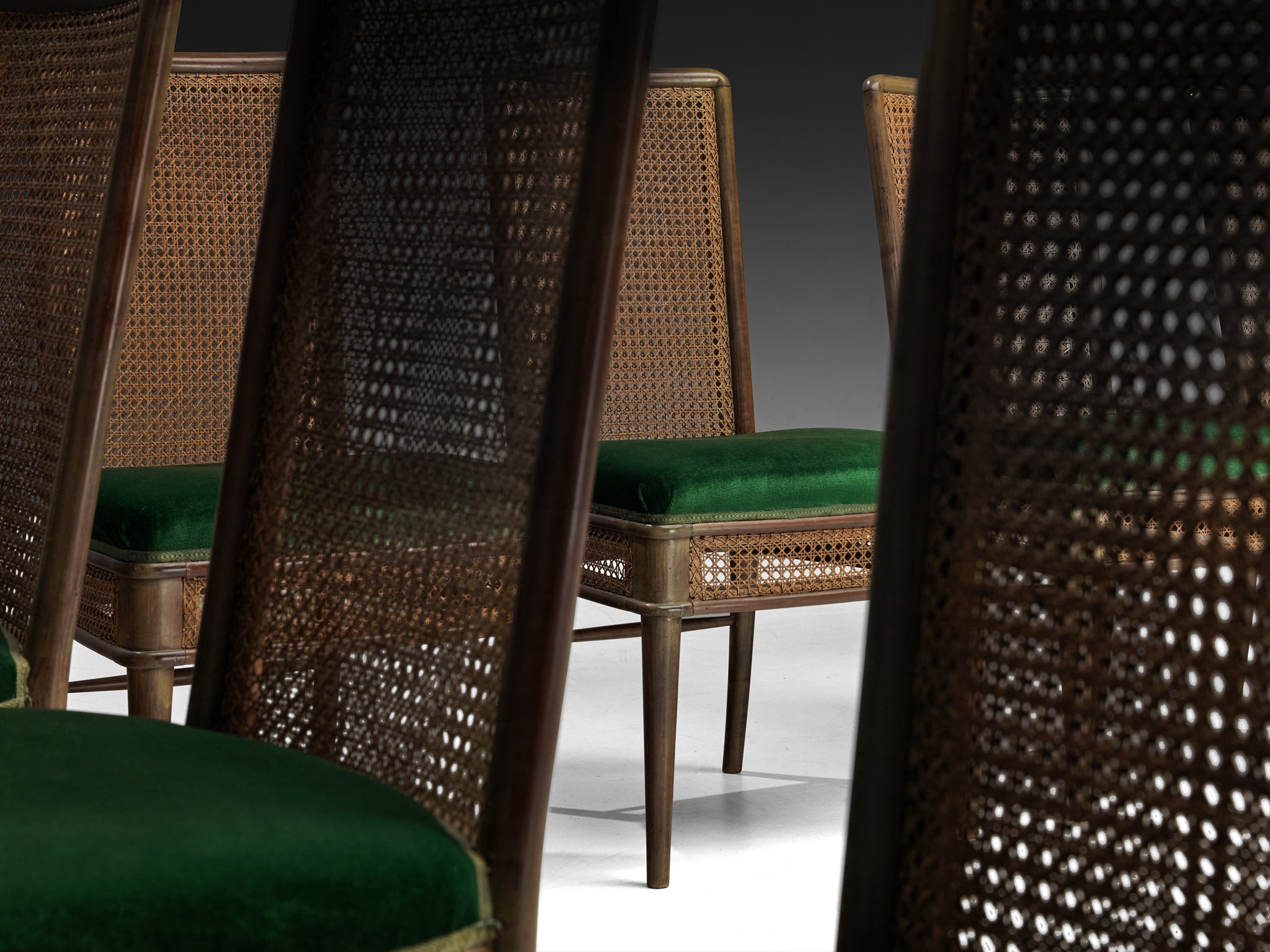 Guglielmo Ulrich for Ar.Ca Set of Eight Dining Chairs in Cane and Dark Green Velvet Seating Morentz