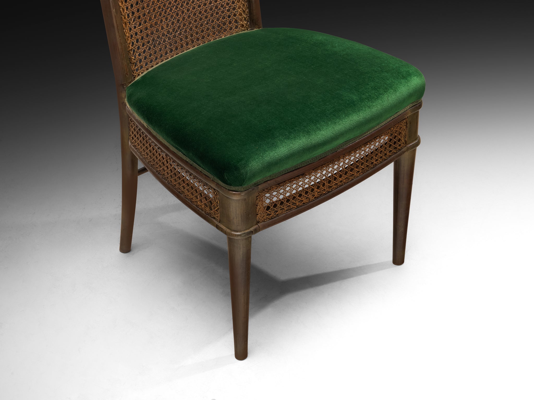Guglielmo Ulrich for Ar.Ca Set of Eight Dining Chairs in Cane and Dark Green Velvet Seating Morentz