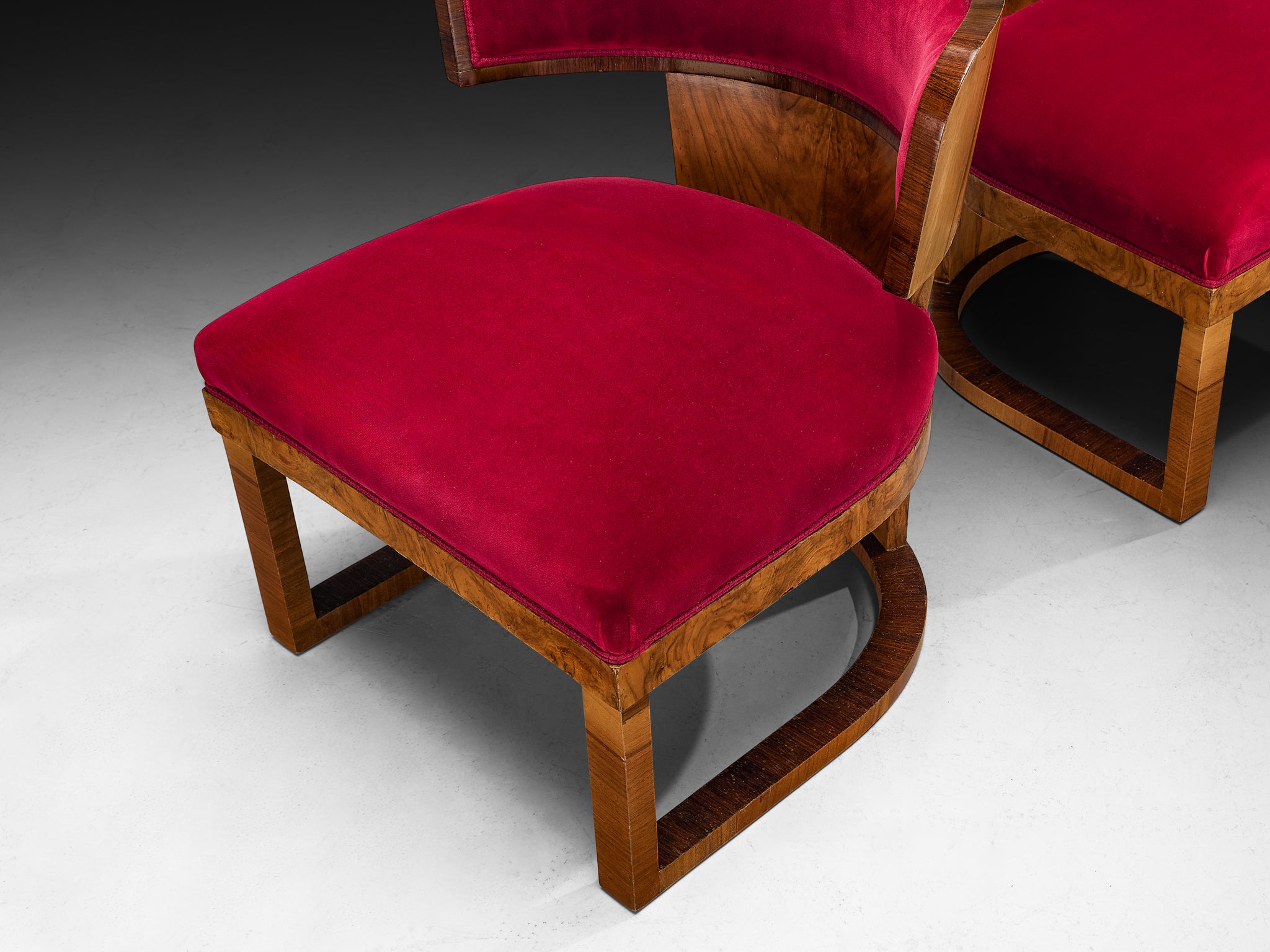 Ernesto Lapadula Pair of Lounge Chairs in Walnut Burl and Red Velvet Upholstery Seating Morentz