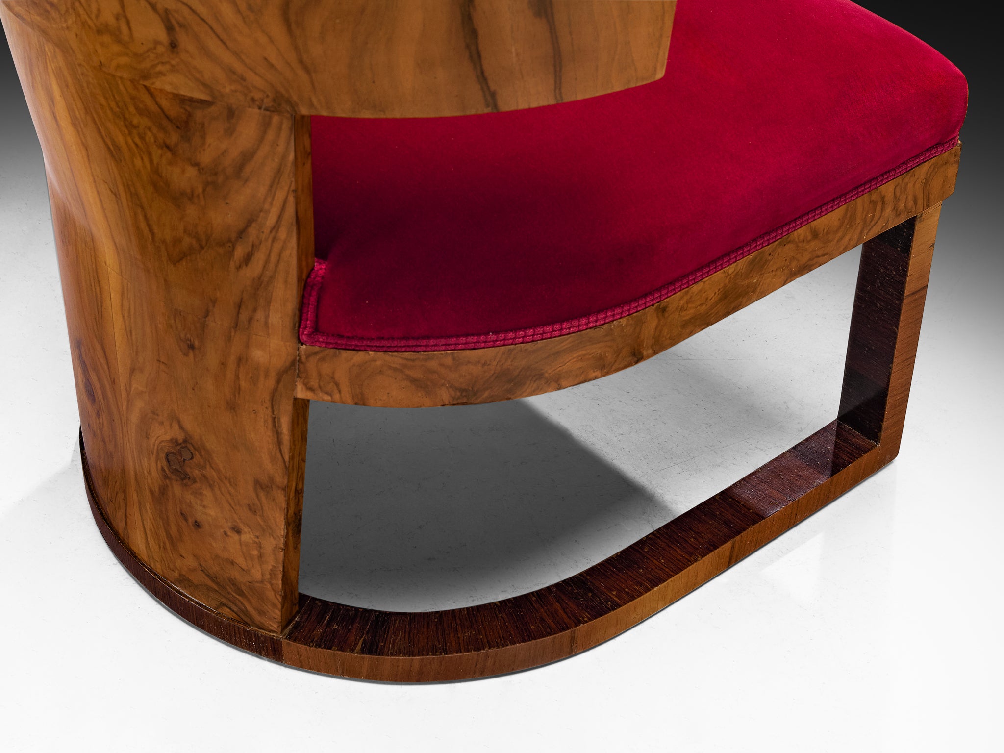 Ernesto Lapadula Pair of Lounge Chairs in Walnut Burl and Red Velvet Upholstery Seating Morentz