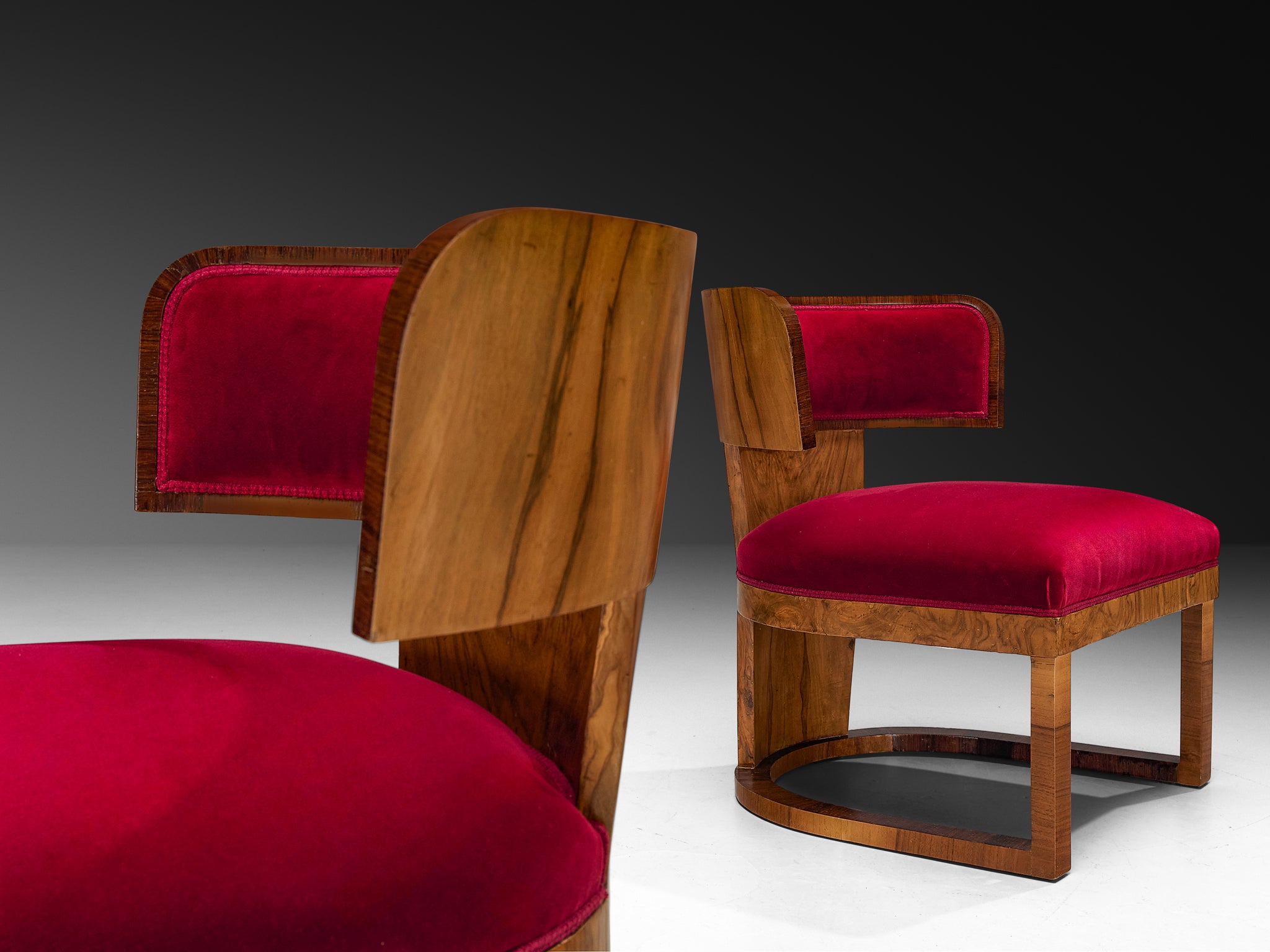 Ernesto Lapadula Pair of Lounge Chairs in Walnut Burl and Red Velvet Upholstery Seating Morentz