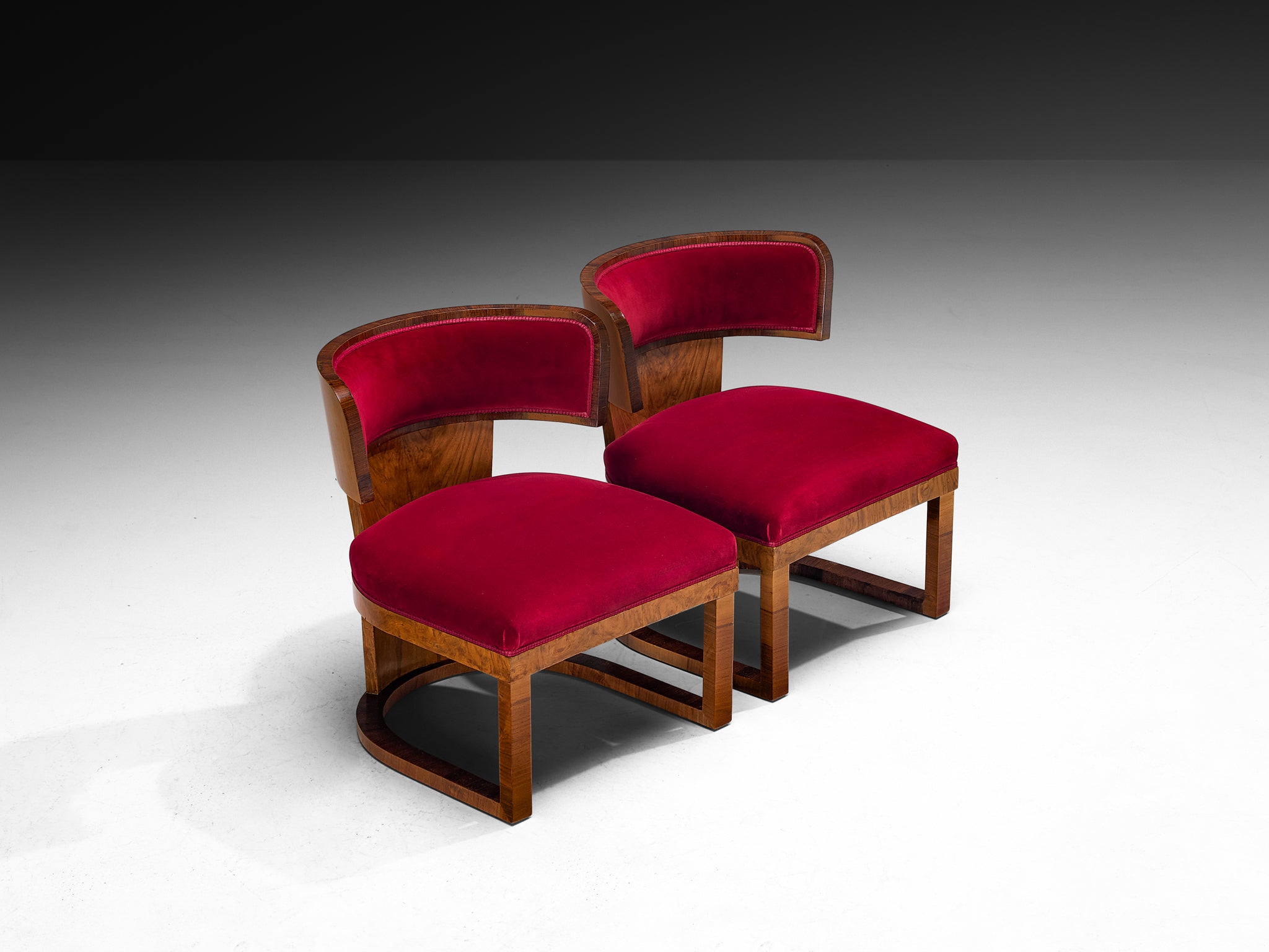 Ernesto Lapadula Pair of Lounge Chairs in Walnut Burl and Red Velvet Upholstery Seating Morentz