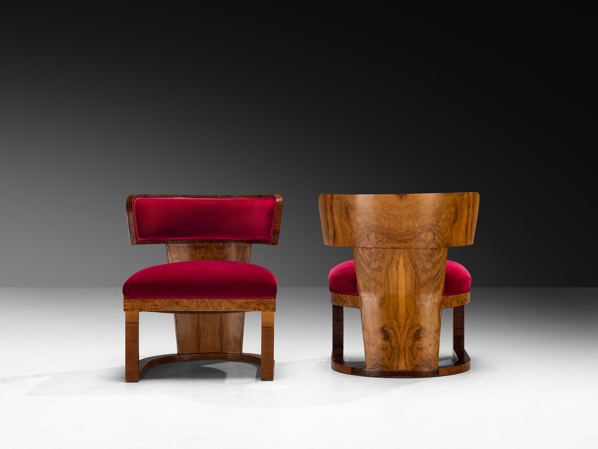 Ernesto Lapadula Pair of Lounge Chairs in Walnut Burl and Red Velvet Upholstery Seating Morentz