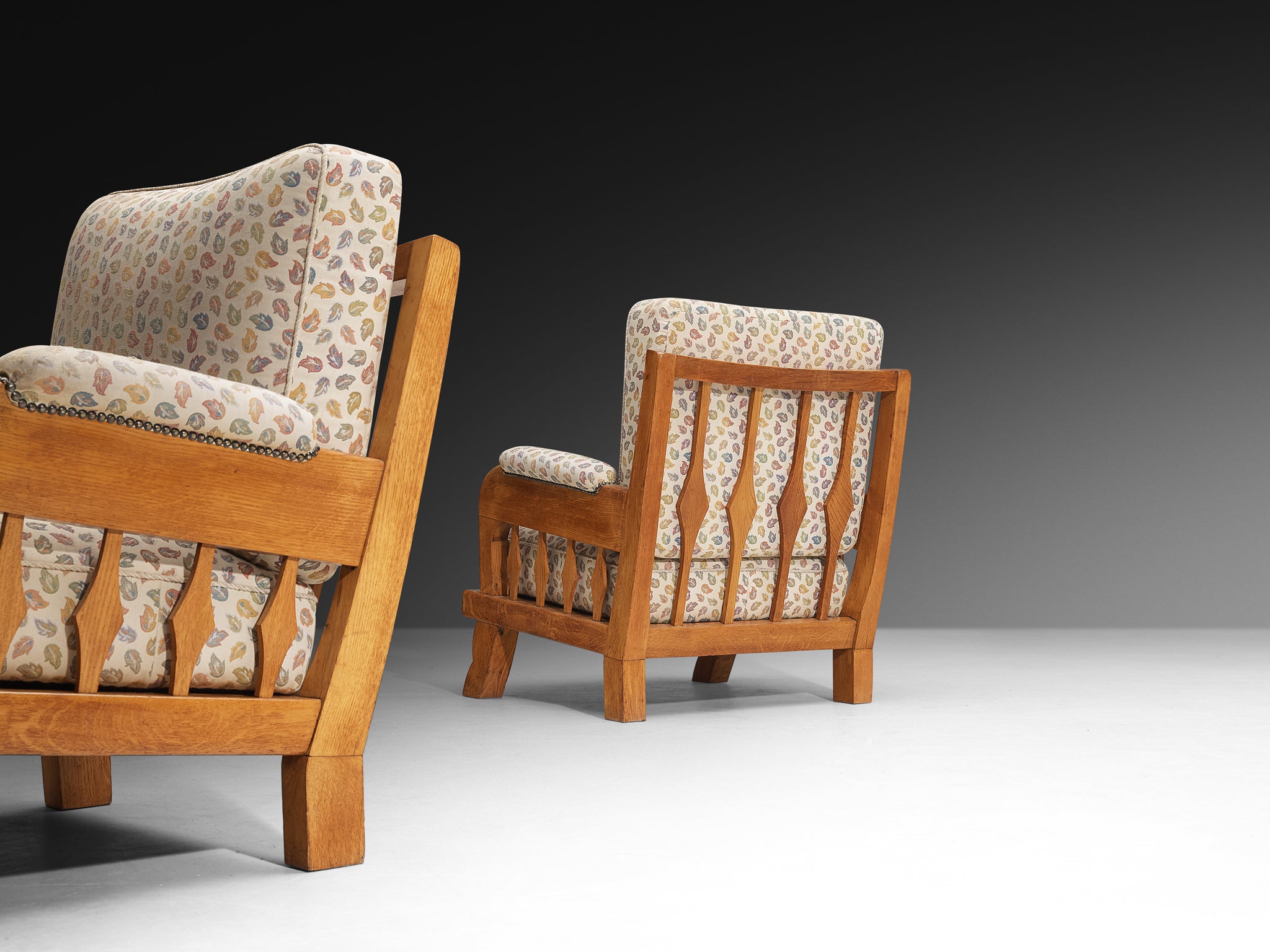 1950s Pair of Lounge Chairs in Carved Solid Oak Seating Morentz