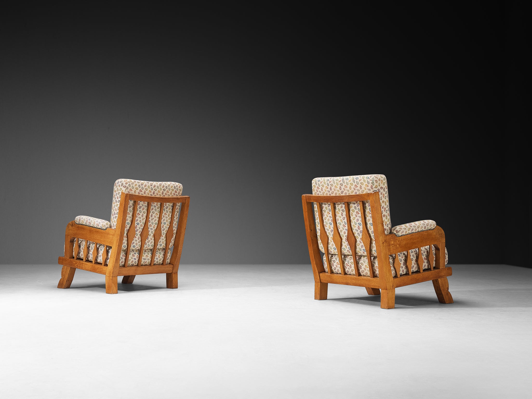 1950s Pair of Lounge Chairs in Carved Solid Oak Seating Morentz