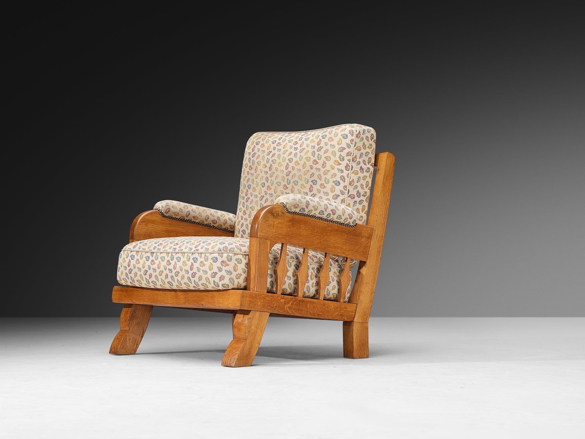 1950s Pair of Lounge Chairs in Carved Solid Oak Seating Morentz