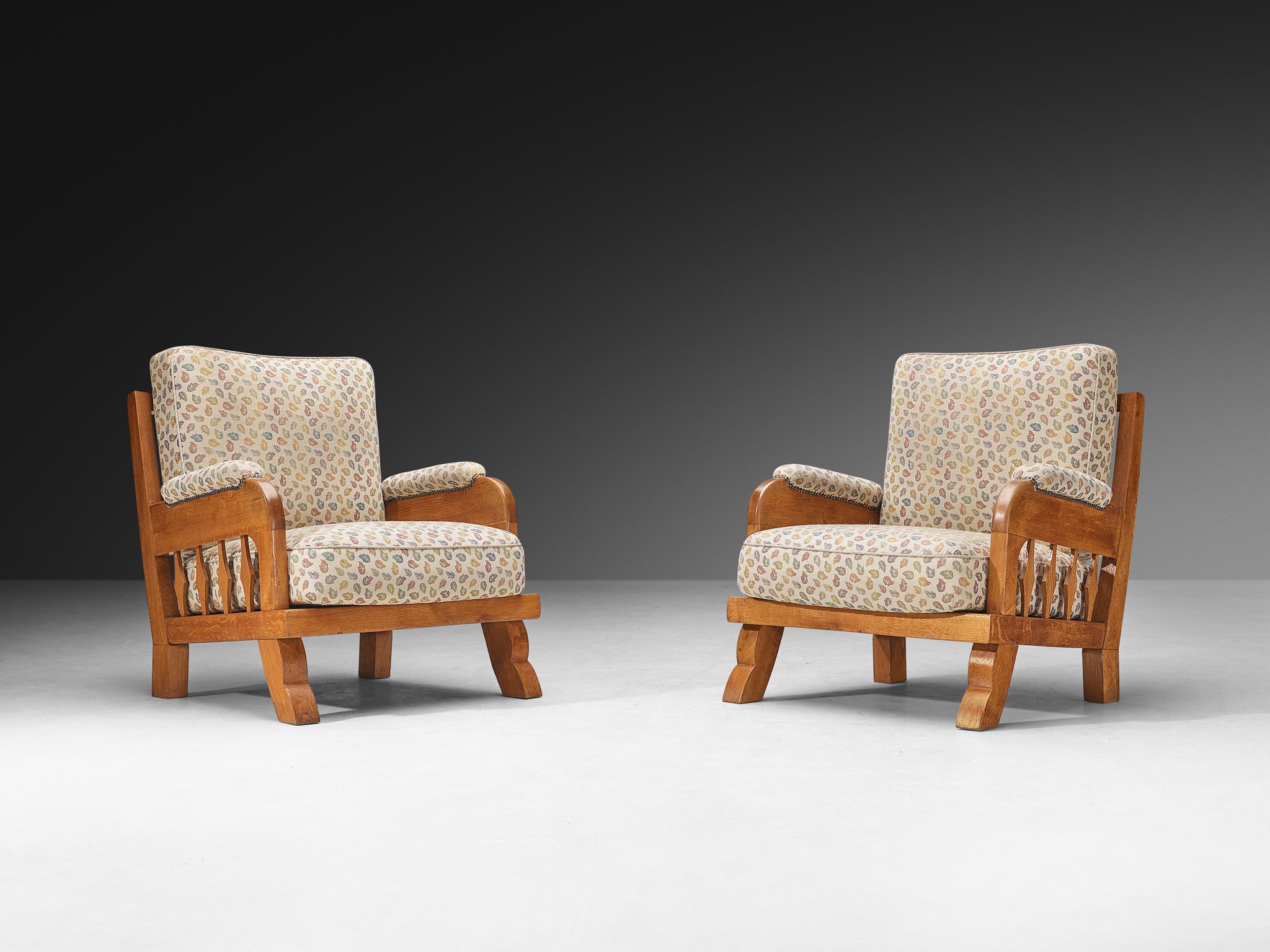 1950s Pair of Lounge Chairs in Carved Solid Oak Seating Morentz