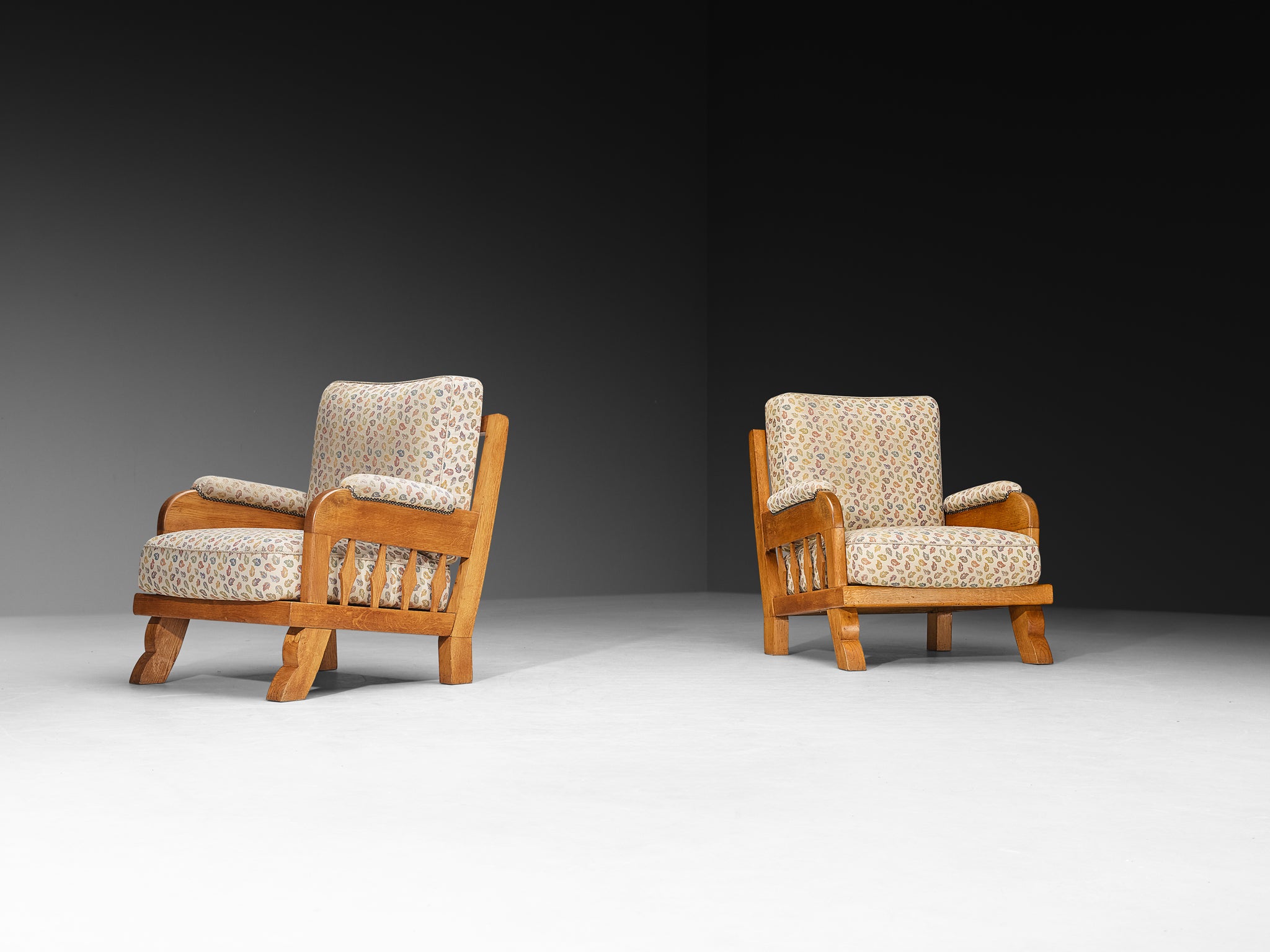 1950s Pair of Lounge Chairs in Carved Solid Oak Seating Morentz