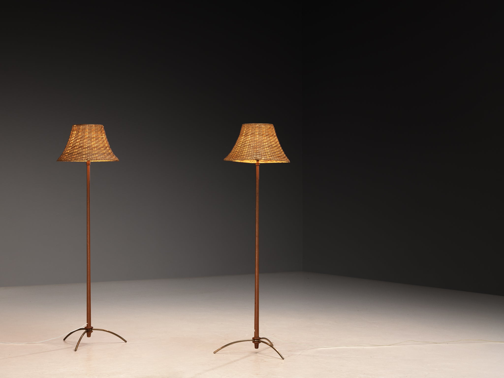 Hans-Agne Jakobsson Pair of 'G45' Floor Lamps in Teak and Cane Lighting Morentz