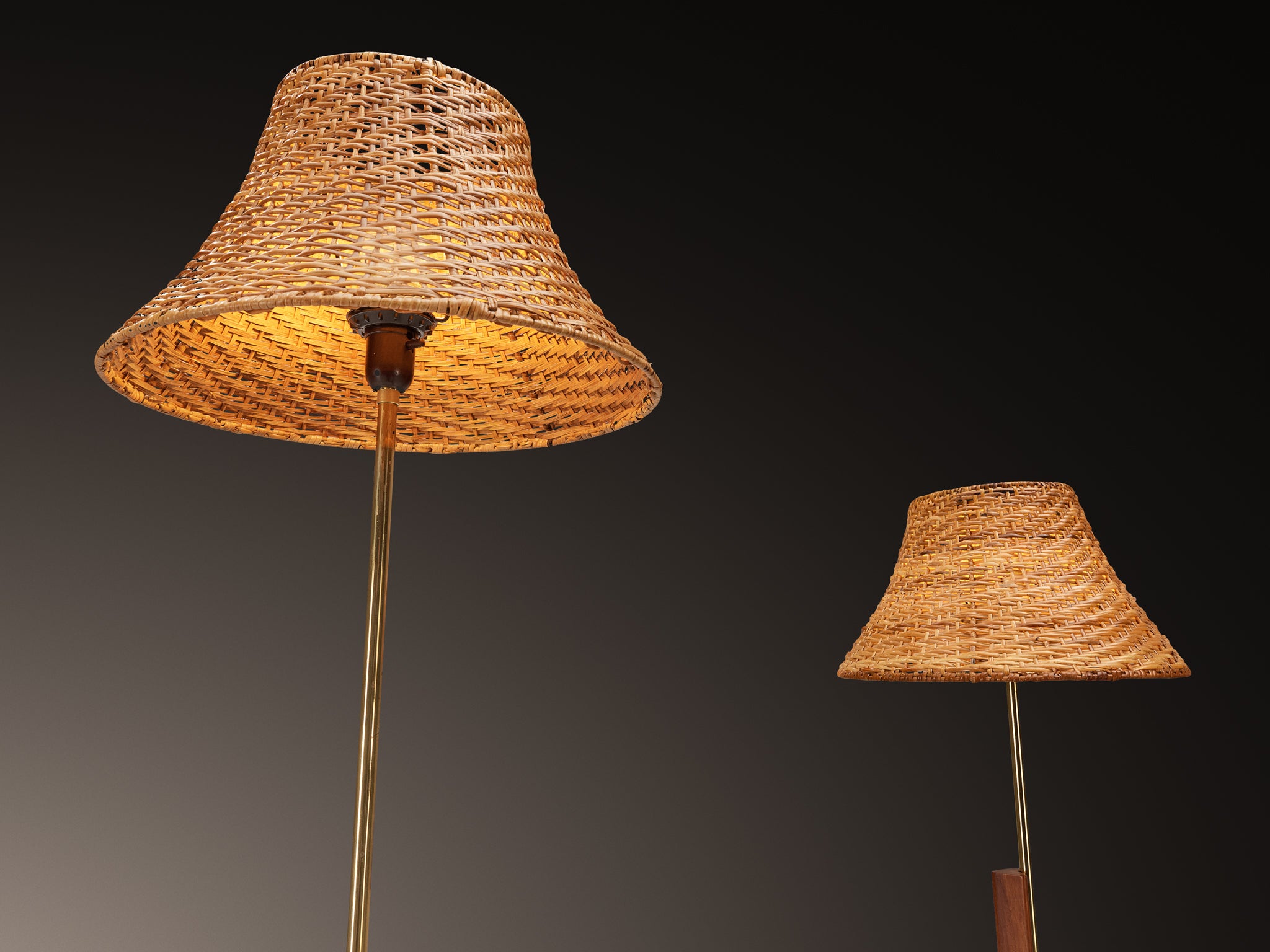 Rare Svend Aage Holm Sørensen Pair of Adjustable Floor Lamps in Cane and Teak