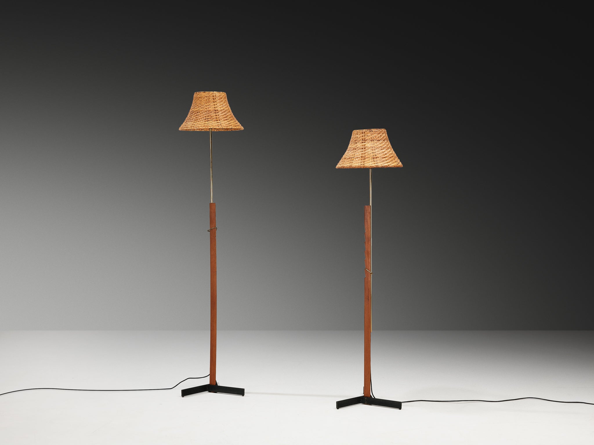 Rare Svend Aage Holm Sørensen Pair of Adjustable Floor Lamps in Cane and Teak