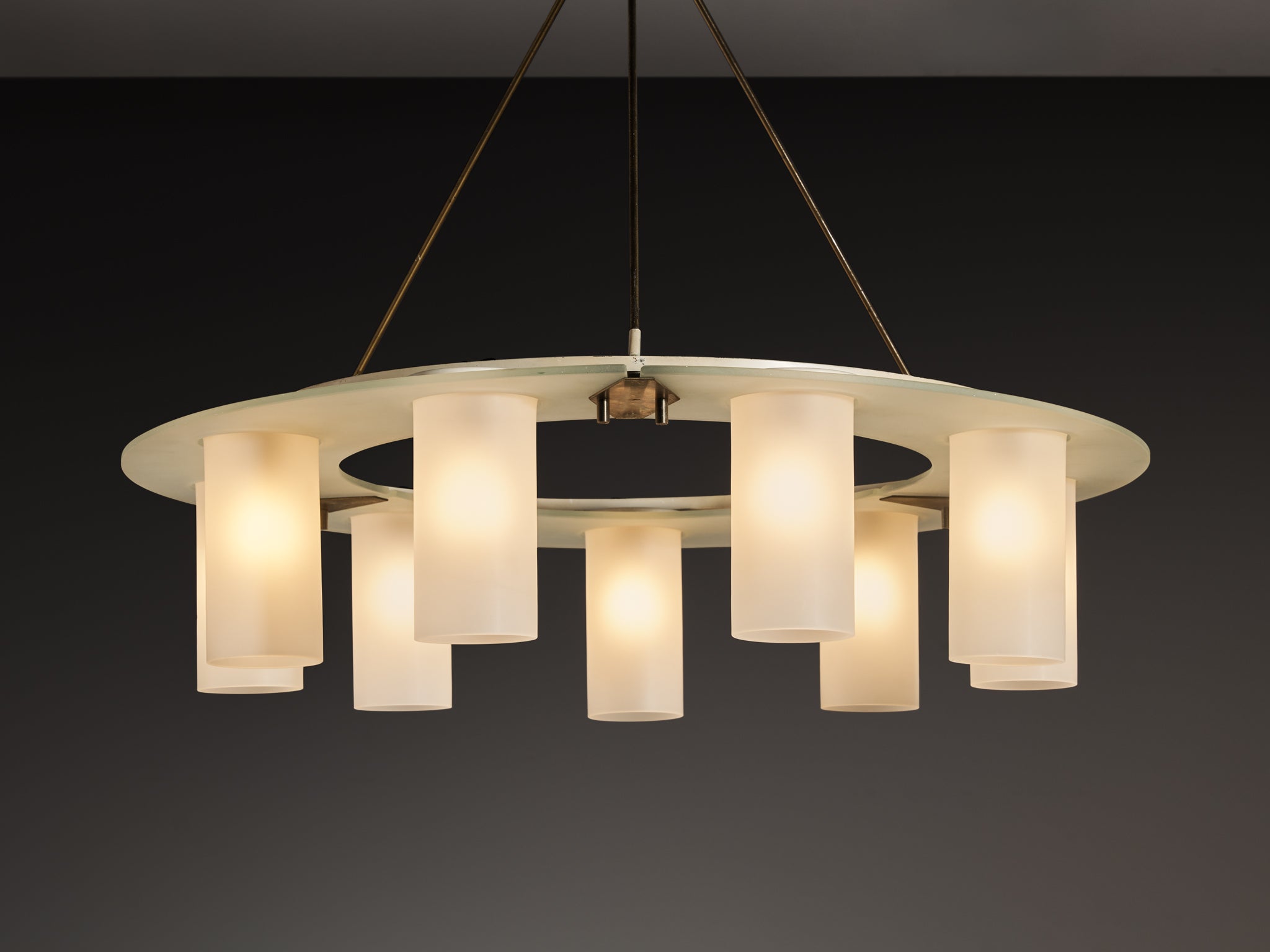 1950s Mid-Century Modern Italian Chandelier in Satin Glass and Brass Lighting Morentz