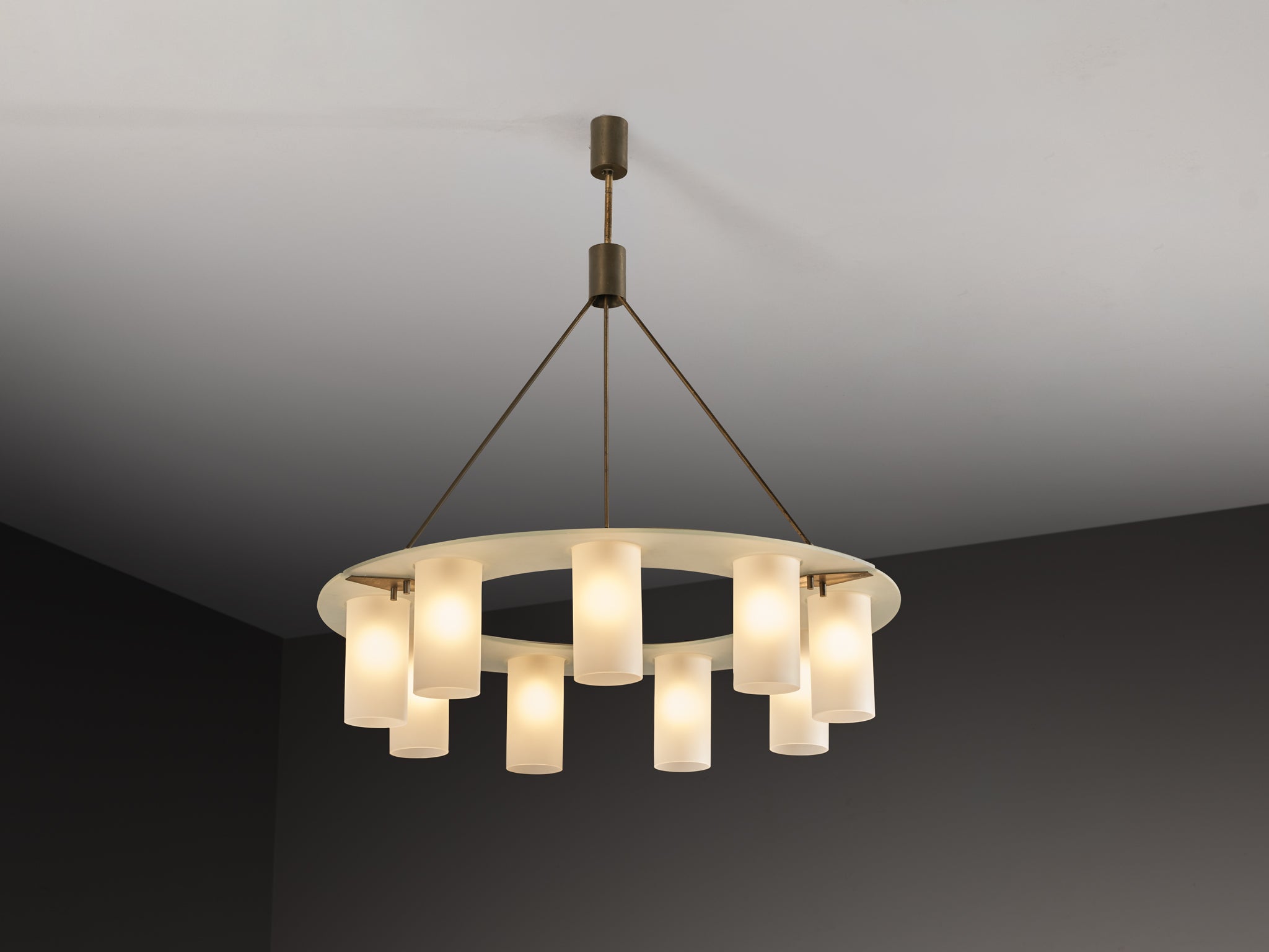 1950s Mid-Century Modern Italian Chandelier in Satin Glass and Brass Lighting Morentz