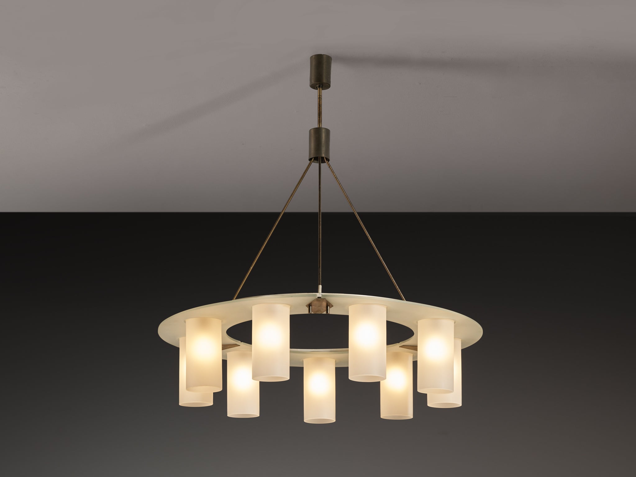 1950s Mid-Century Modern Italian Chandelier in Satin Glass and Brass Lighting Morentz