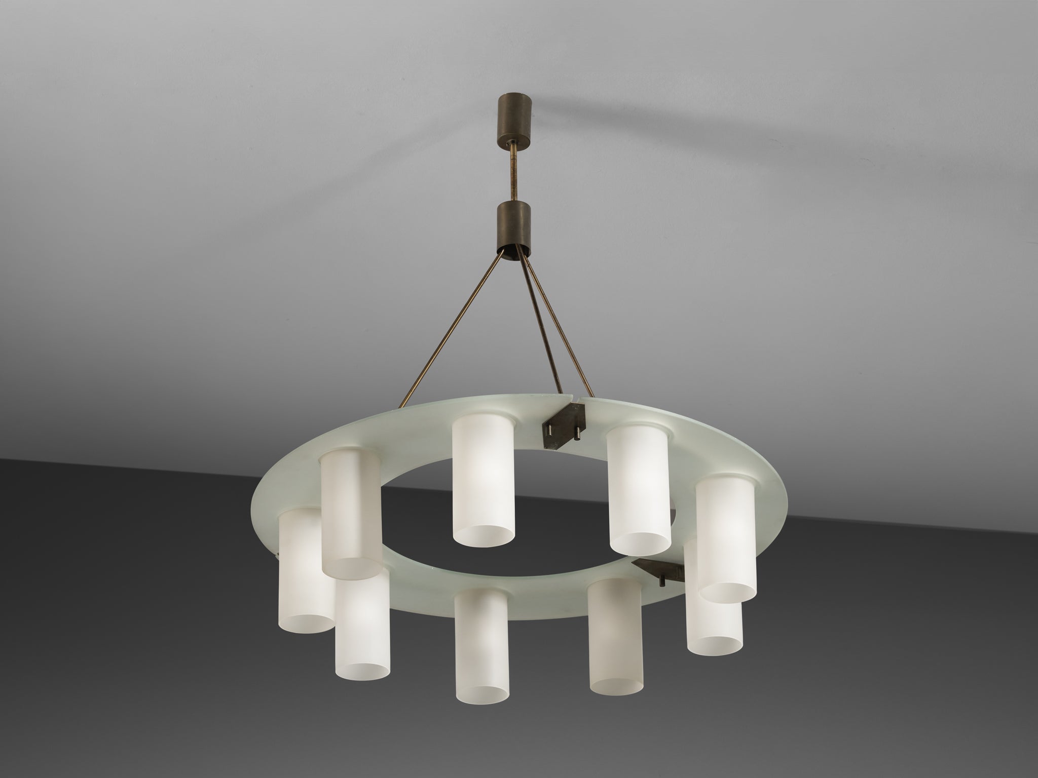 1950s Mid-Century Modern Italian Chandelier in Satin Glass and Brass Lighting Morentz