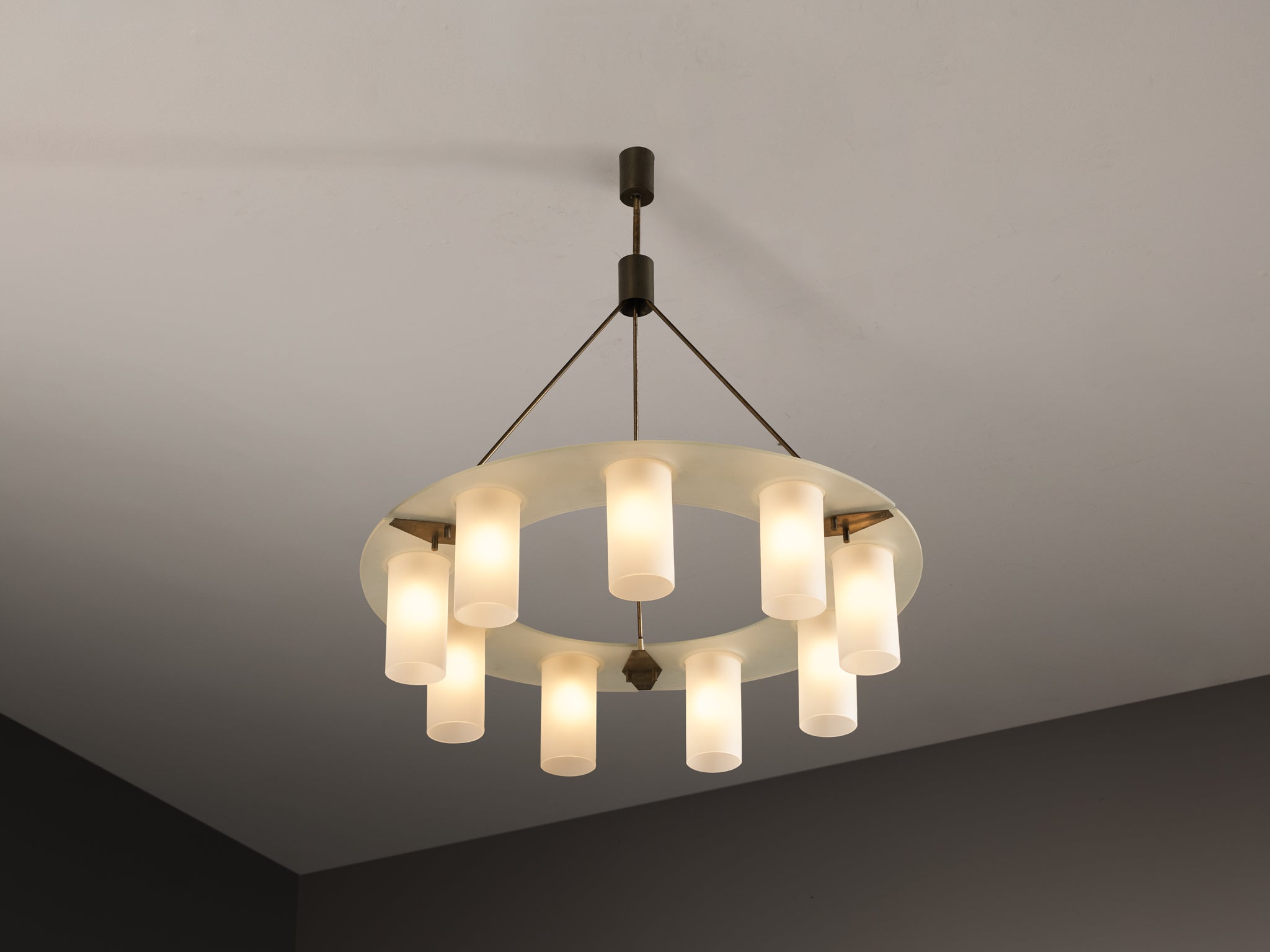 1950s Mid-Century Modern Italian Chandelier in Satin Glass and Brass Lighting Morentz