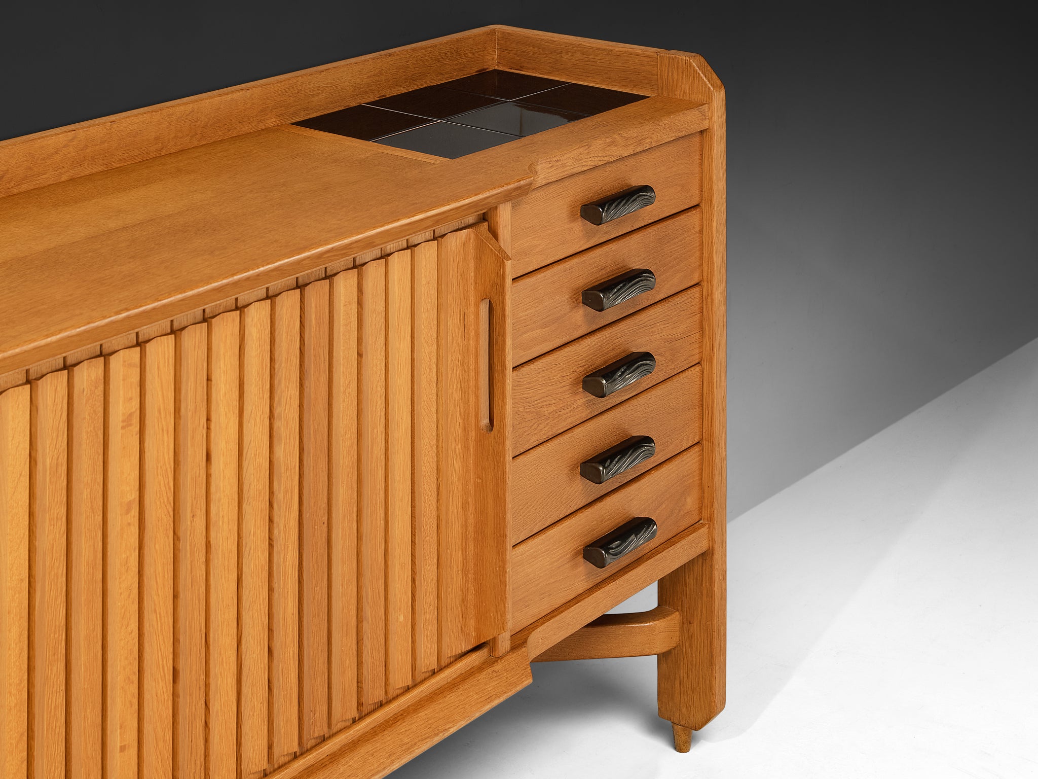 Guillerme & Chambron Carved Sideboard in Solid Oak and Ceramic Case pieces and storage cabinets Morentz