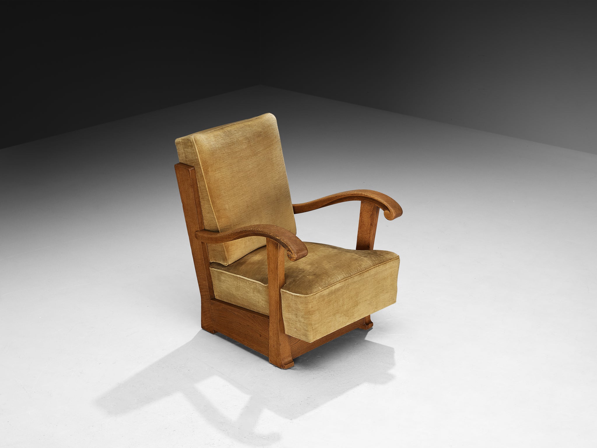 French Art Deco Lounge Chair in Solid Oak and Neutral Corduroy Velvet Upholstery Seating Morentz