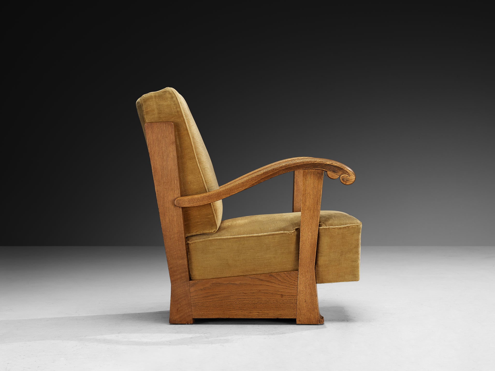 French Art Deco Lounge Chair in Solid Oak and Neutral Corduroy Velvet Upholstery Seating Morentz