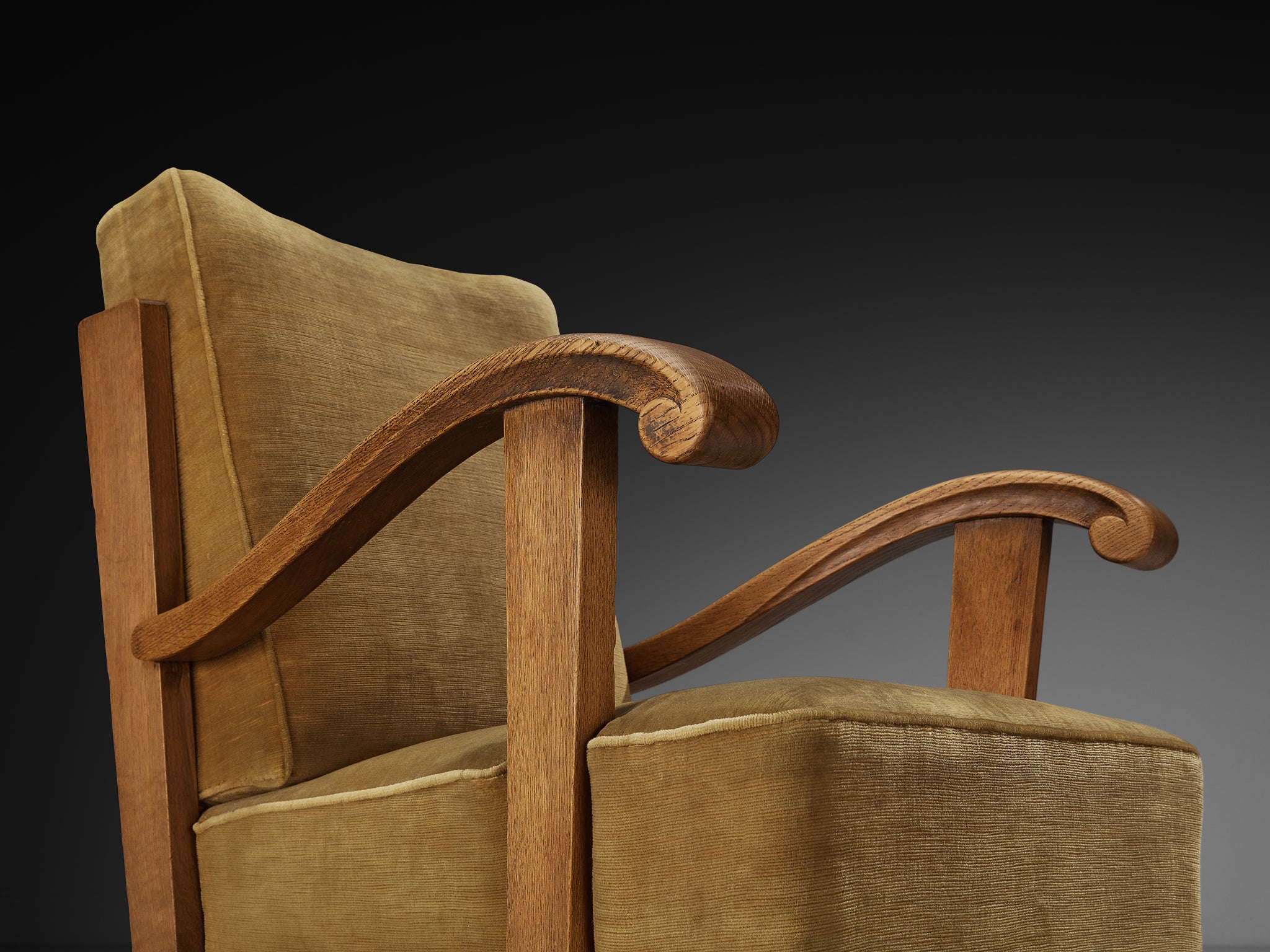 French Art Deco Lounge Chair in Solid Oak and Neutral Corduroy Velvet Upholstery Seating Morentz