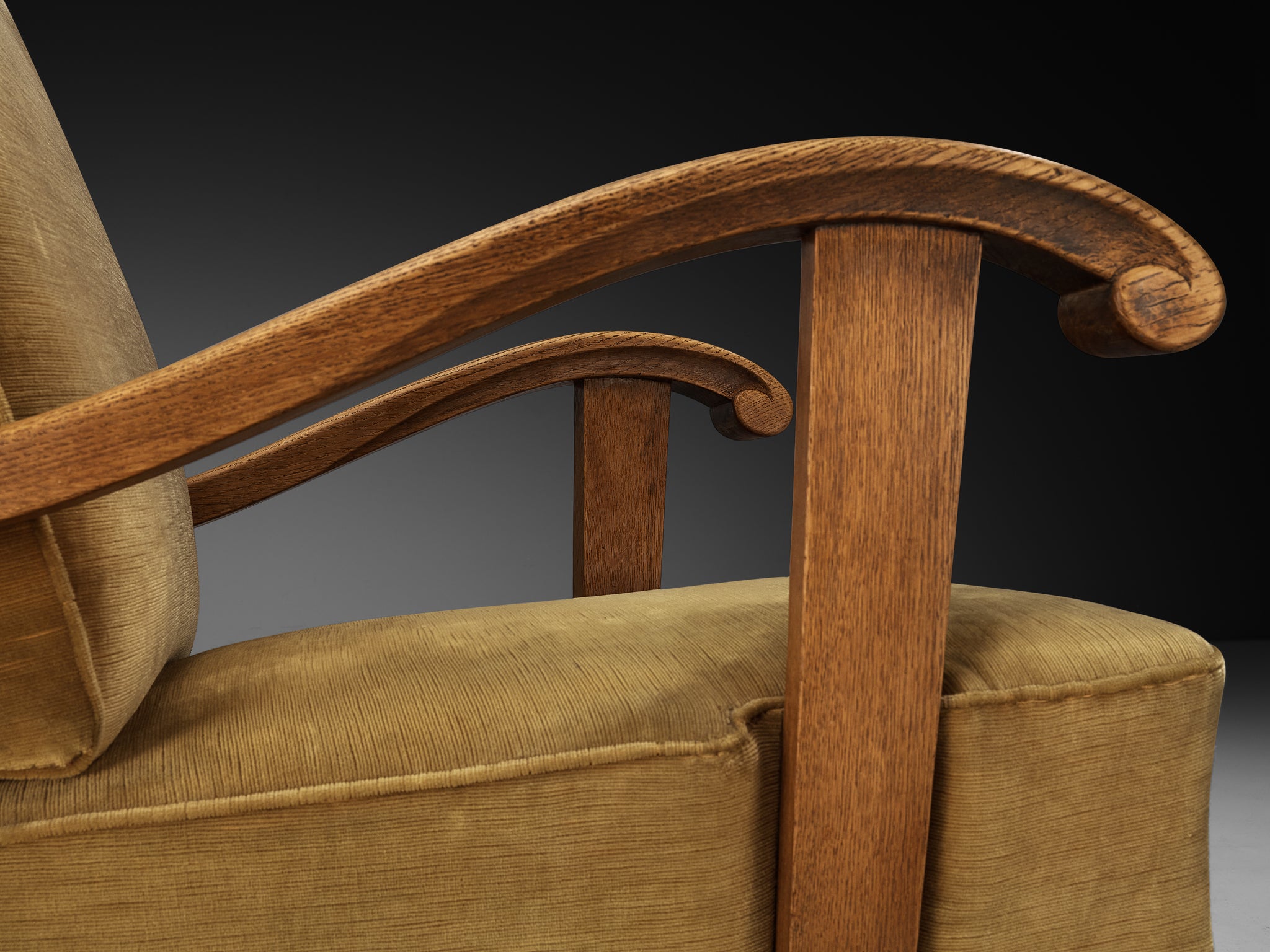 French Art Deco Lounge Chair in Solid Oak and Neutral Corduroy Velvet Upholstery Seating Morentz