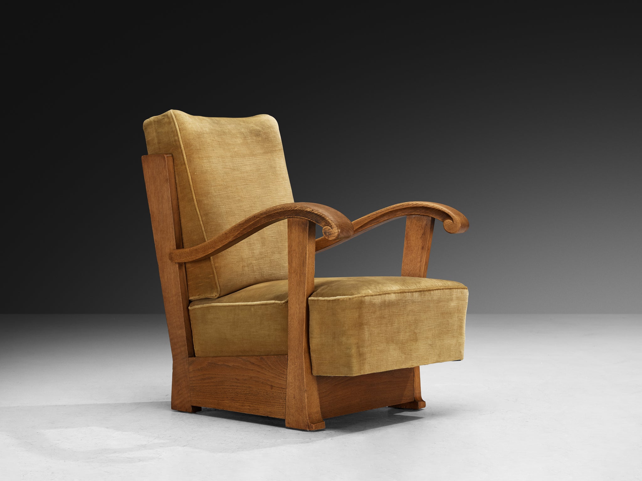 French Art Deco Lounge Chair in Solid Oak and Neutral Corduroy Velvet Upholstery Seating Morentz