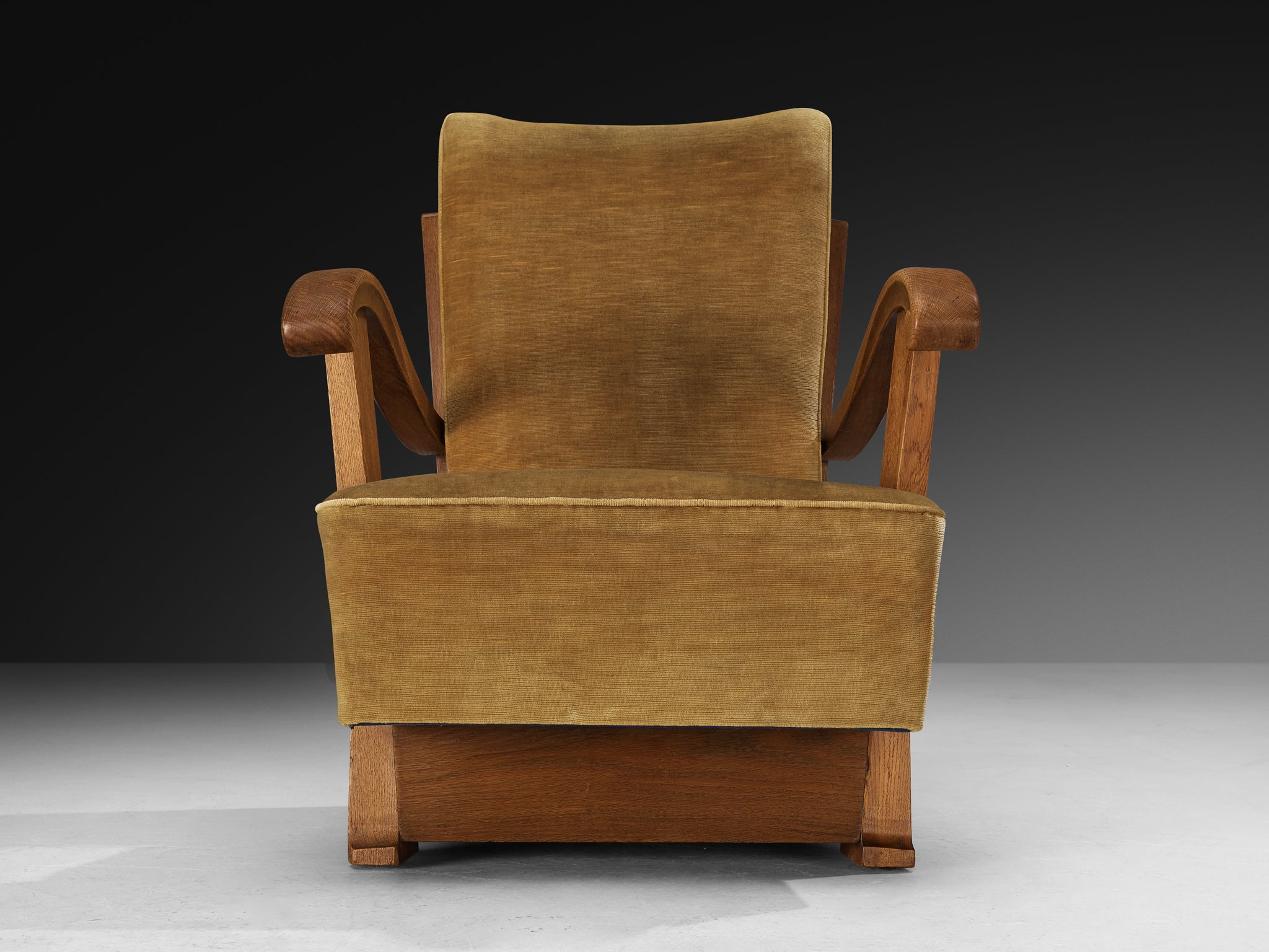 French Art Deco Lounge Chair in Solid Oak and Neutral Corduroy Velvet Upholstery Seating Morentz