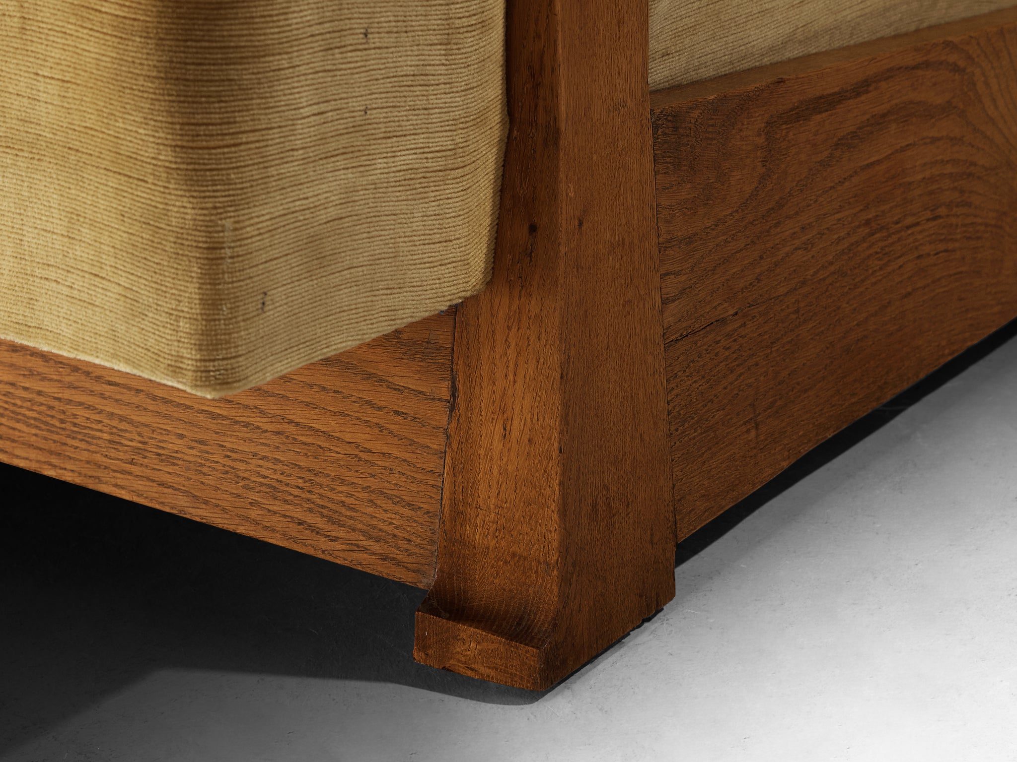 French Art Deco Lounge Chair in Solid Oak and Neutral Corduroy Velvet Upholstery Seating Morentz