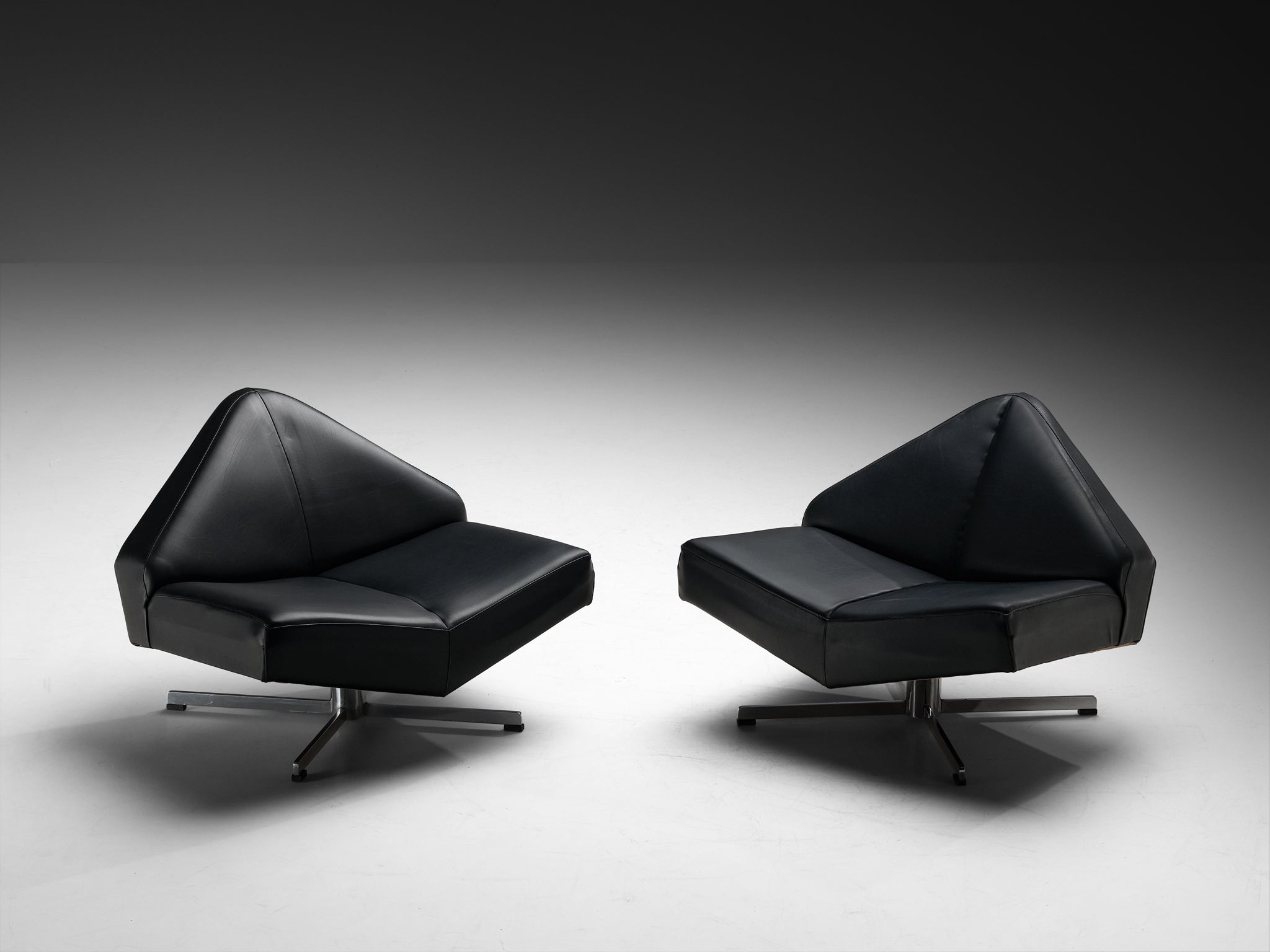 Rare Schmieder Angular Faceted 'Brasilia' Lounge Chairs in Black Upholstery and Steel Seating Morentz