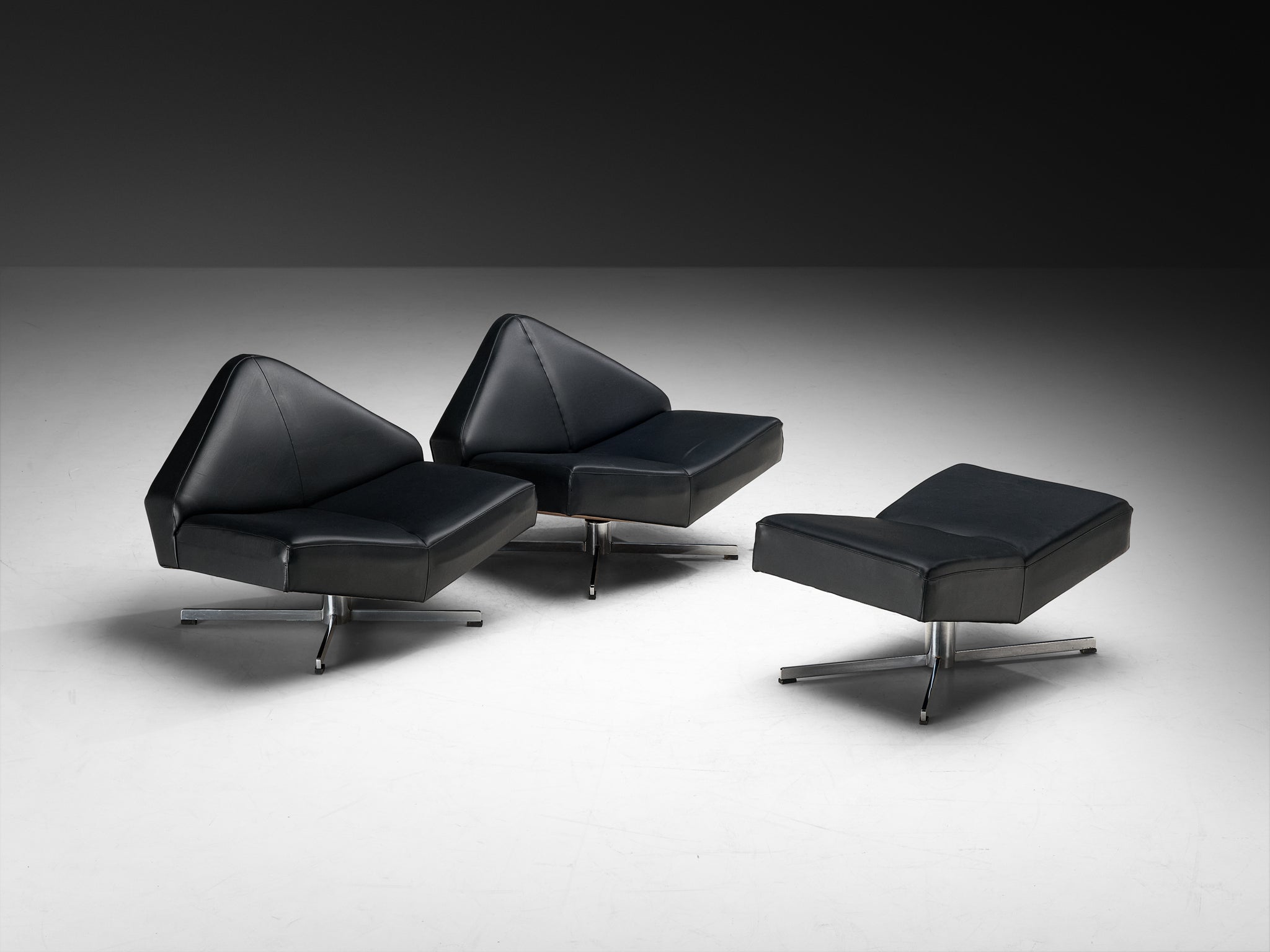 Rare Schmieder Angular Faceted 'Brasilia' Lounge Chairs in Black Leather and Steel Seating Morentz