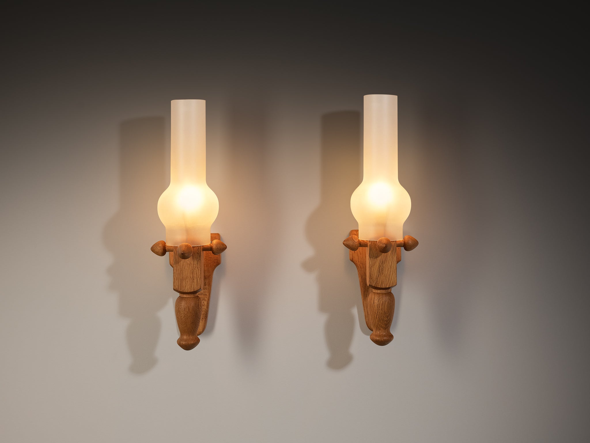 Guillerme & Chambron Pair of Wall Lights in Oak and Glass Lighting Morentz