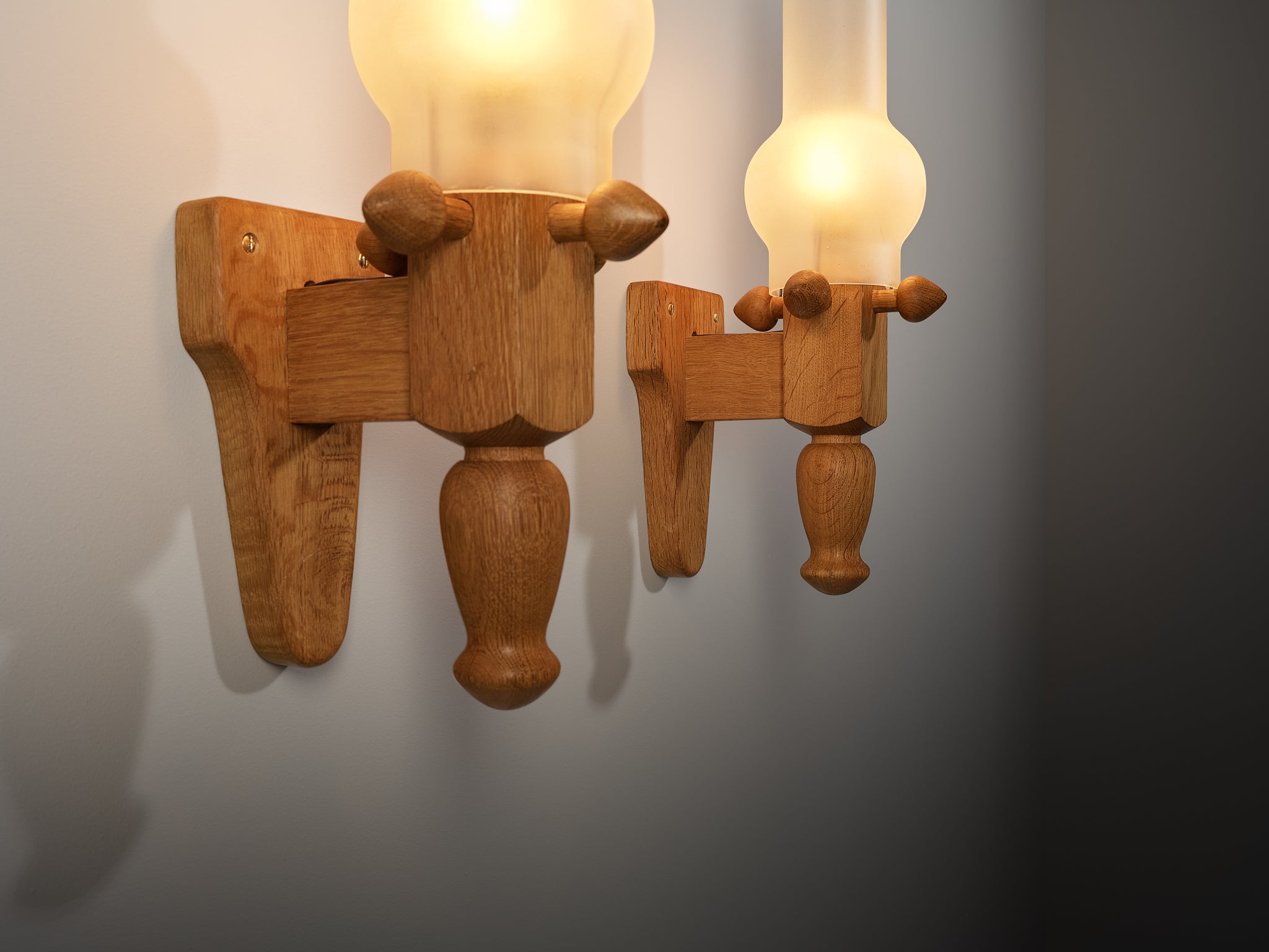 Guillerme & Chambron Pair of Wall Lights in Oak and Glass Lighting Morentz