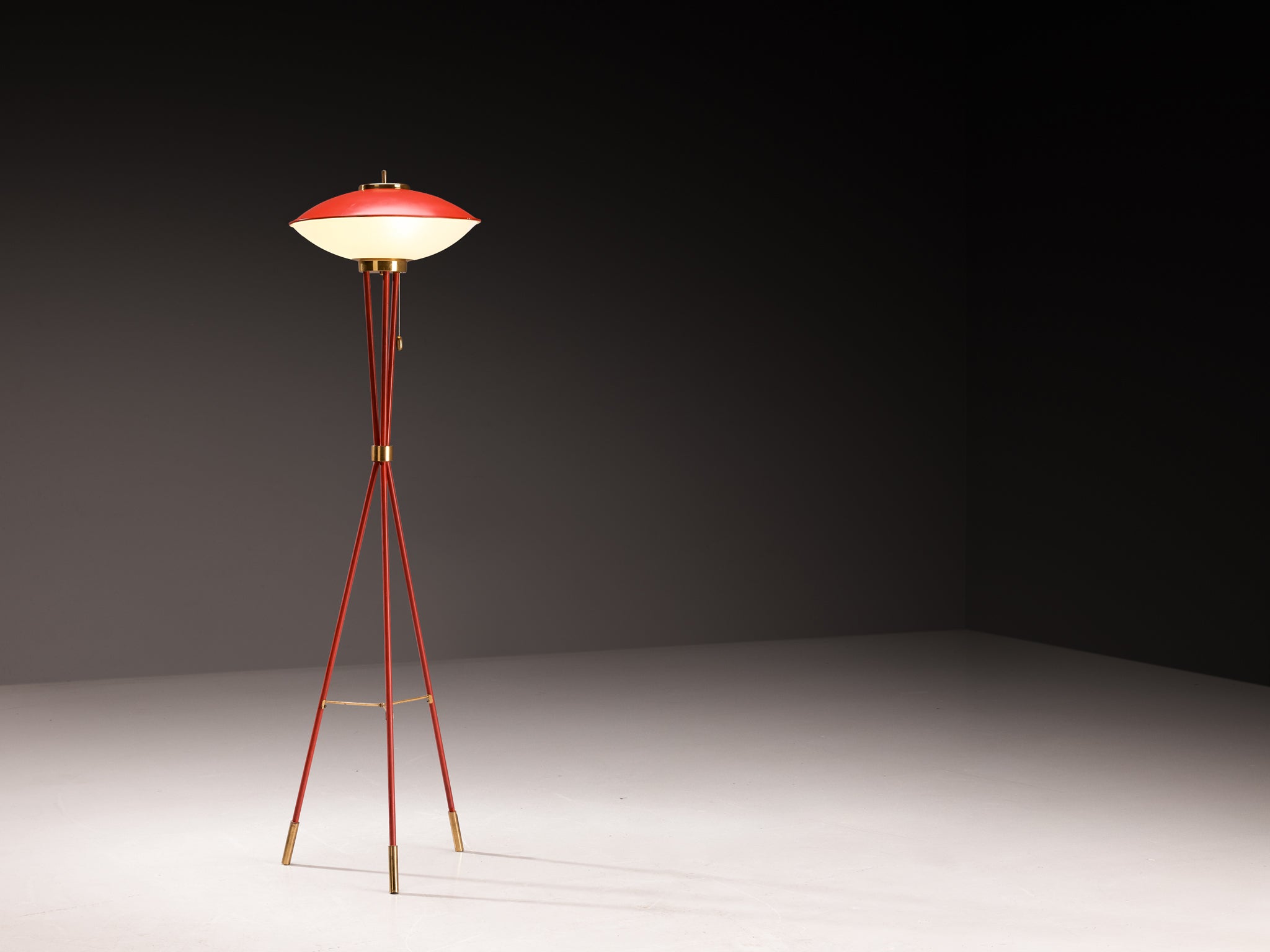 1950s Stilnovo Floor Lamp in Brass Glass and Red Lacquered Steel Lighting Morentz