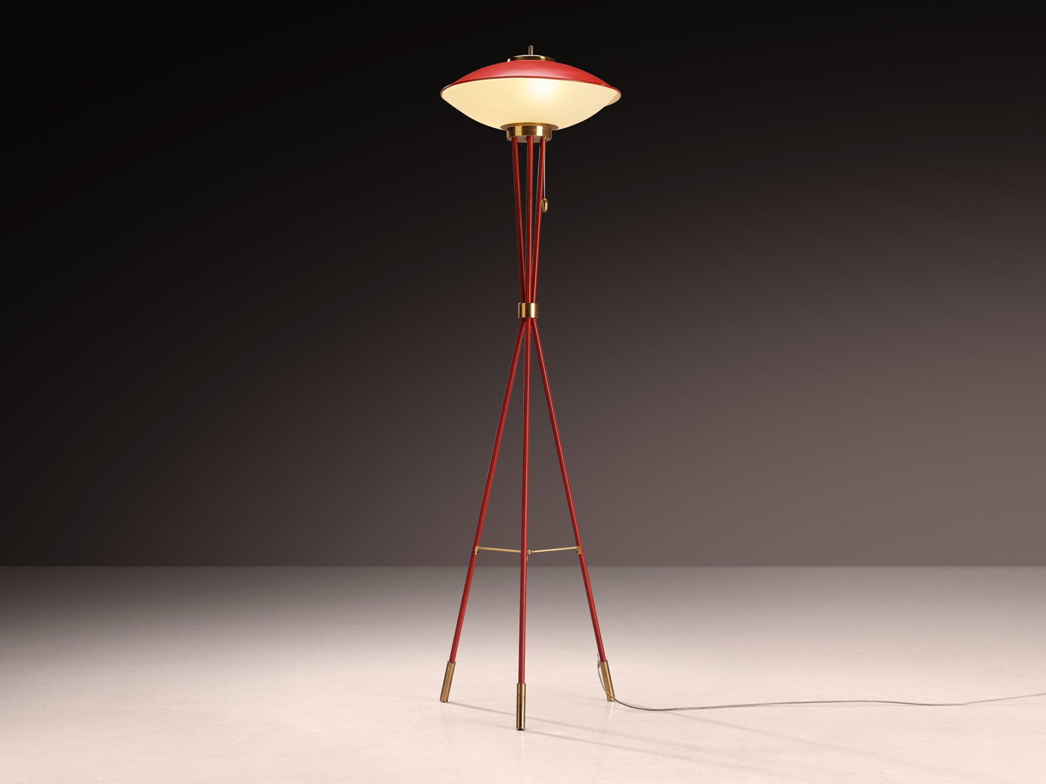 1950s Stilnovo Floor Lamp in Brass Glass and Red Lacquered Steel