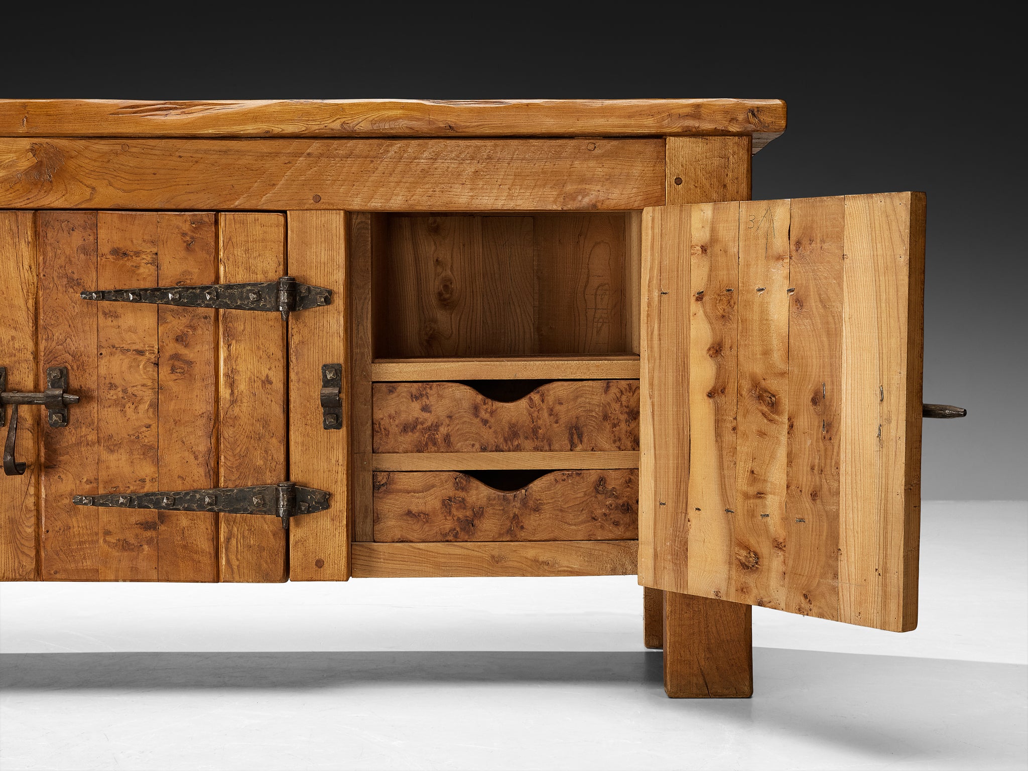 Charles Flandre Sideboard in Solid Elm and Wrought Iron Case pieces and storage cabinets Morentz