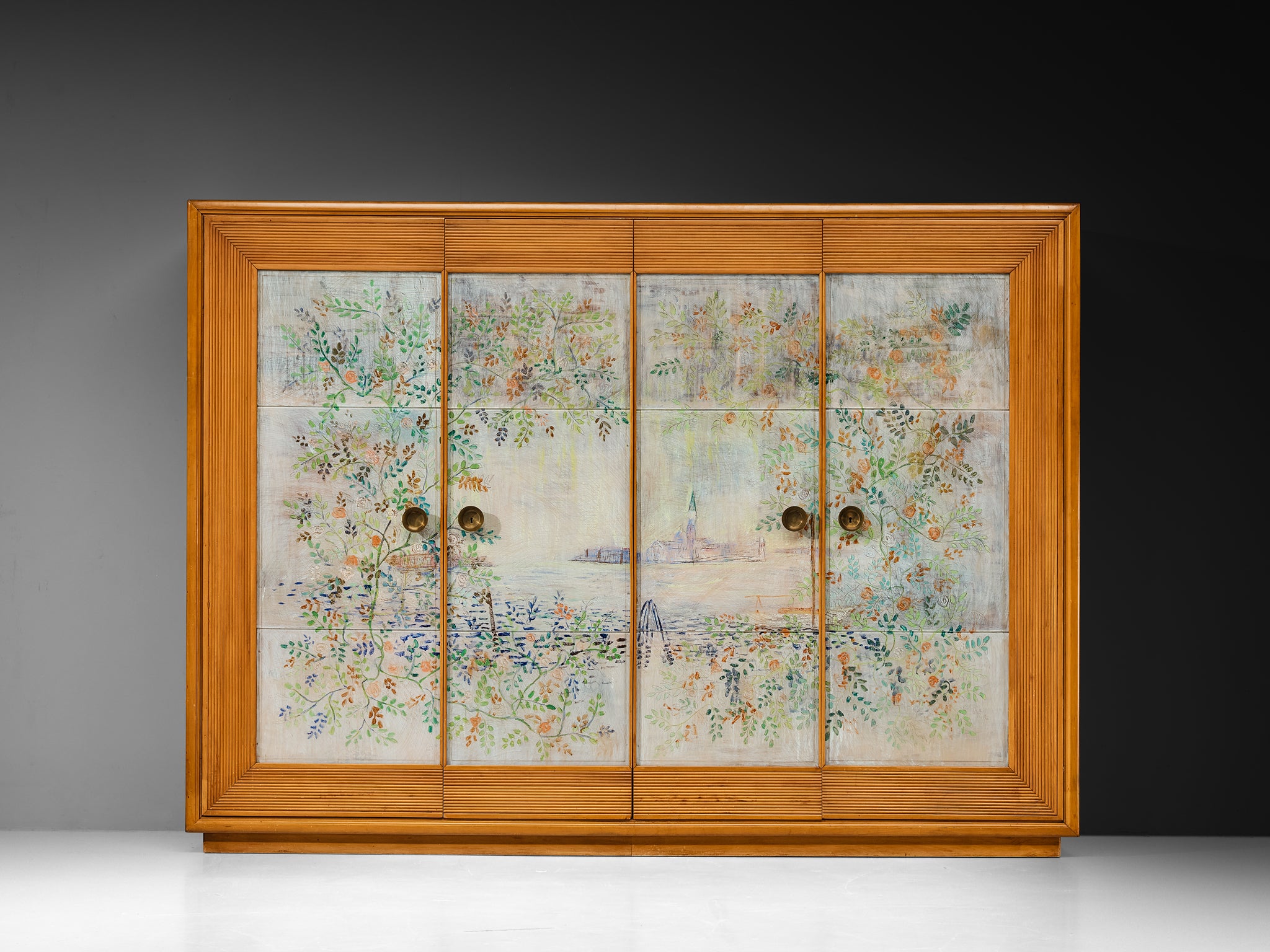 Unique Osvaldo Borsani Highboard in Cherry with Romantic Painted Panels Case pieces and storage cabinets Morentz