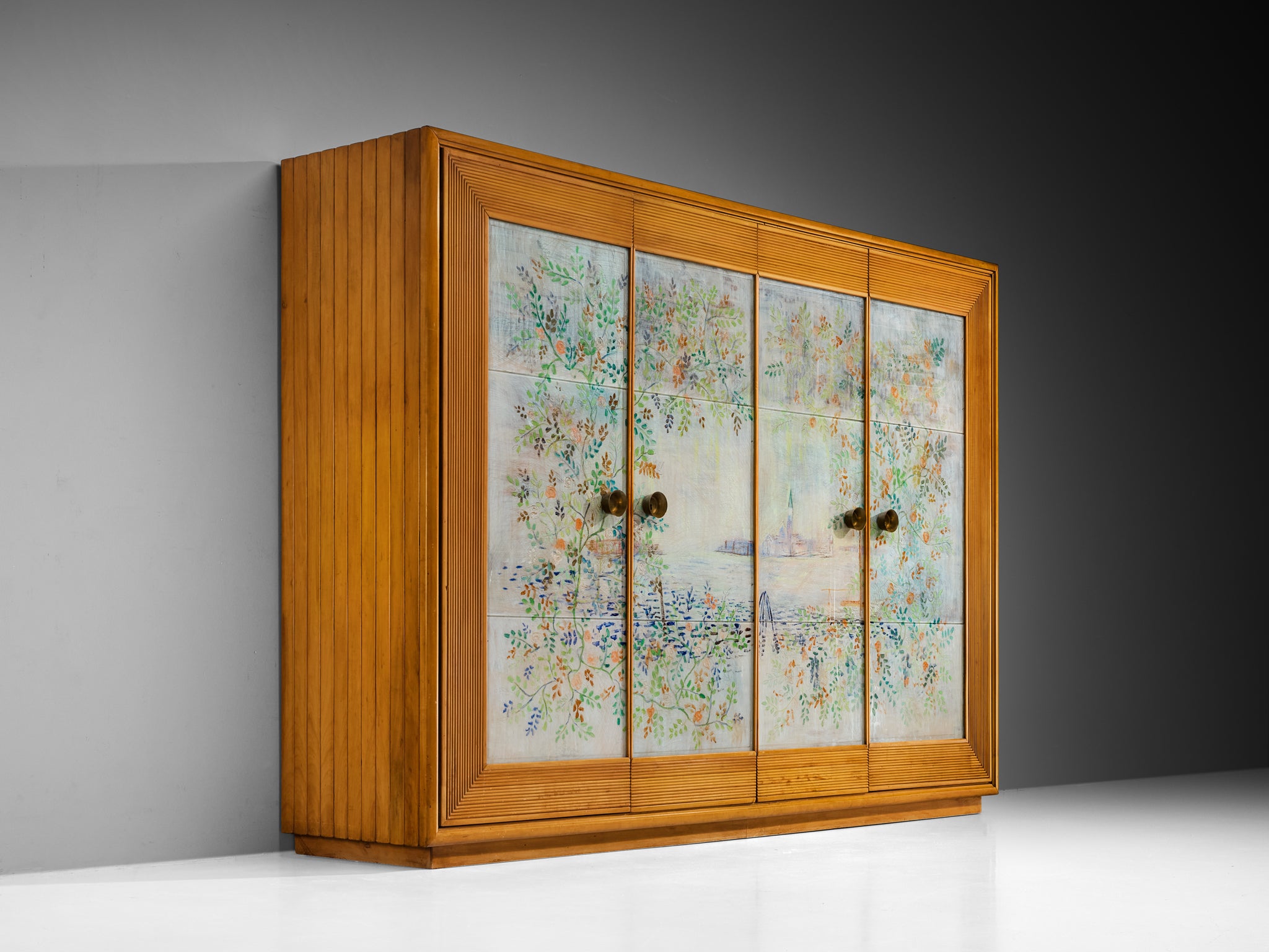 Unique Osvaldo Borsani Highboard in Cherry with Romantic Painted Panels Case pieces and storage cabinets Morentz