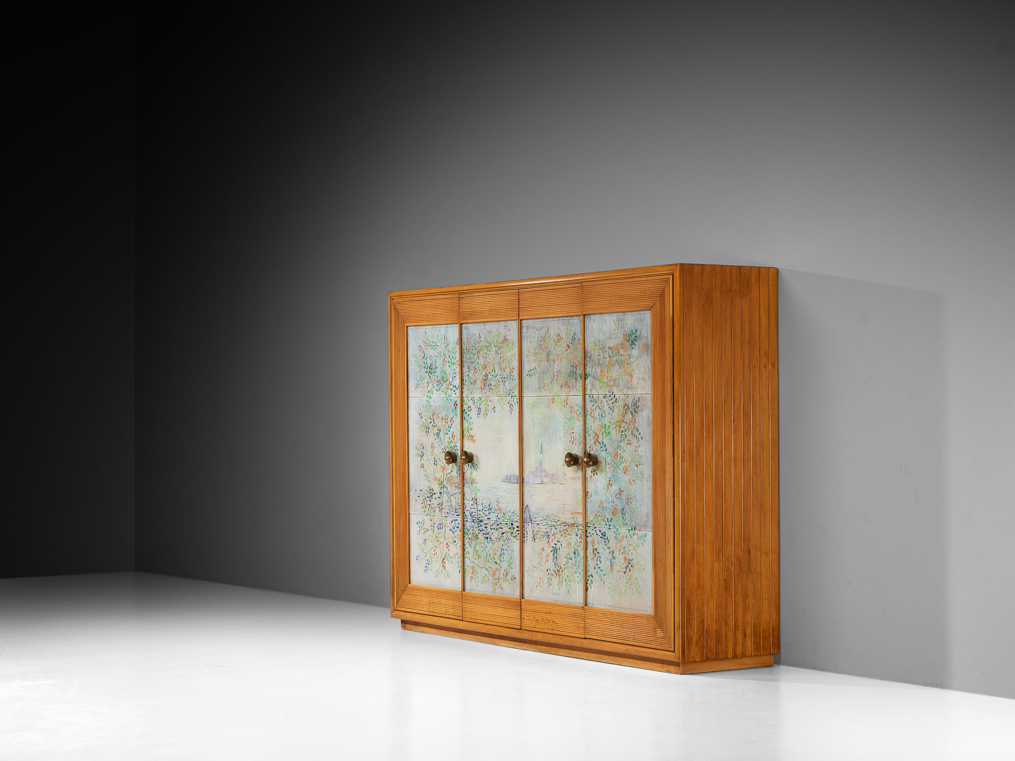 Unique Osvaldo Borsani Highboard in Cherry with Romantic Painted Panels Case pieces and storage cabinets Morentz