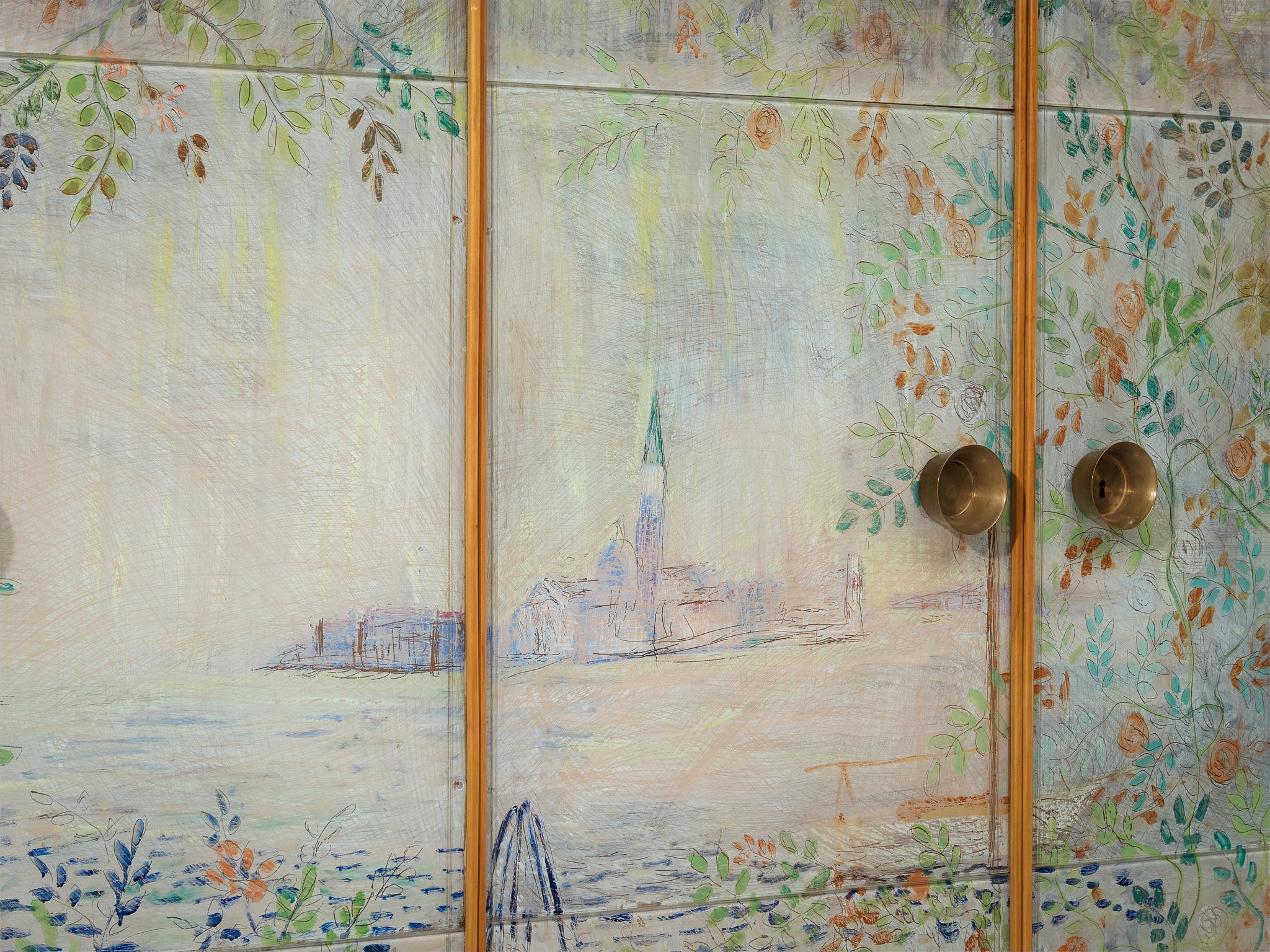 Unique Osvaldo Borsani Highboard in Cherry with Romantic Painted Panels Case pieces and storage cabinets Morentz