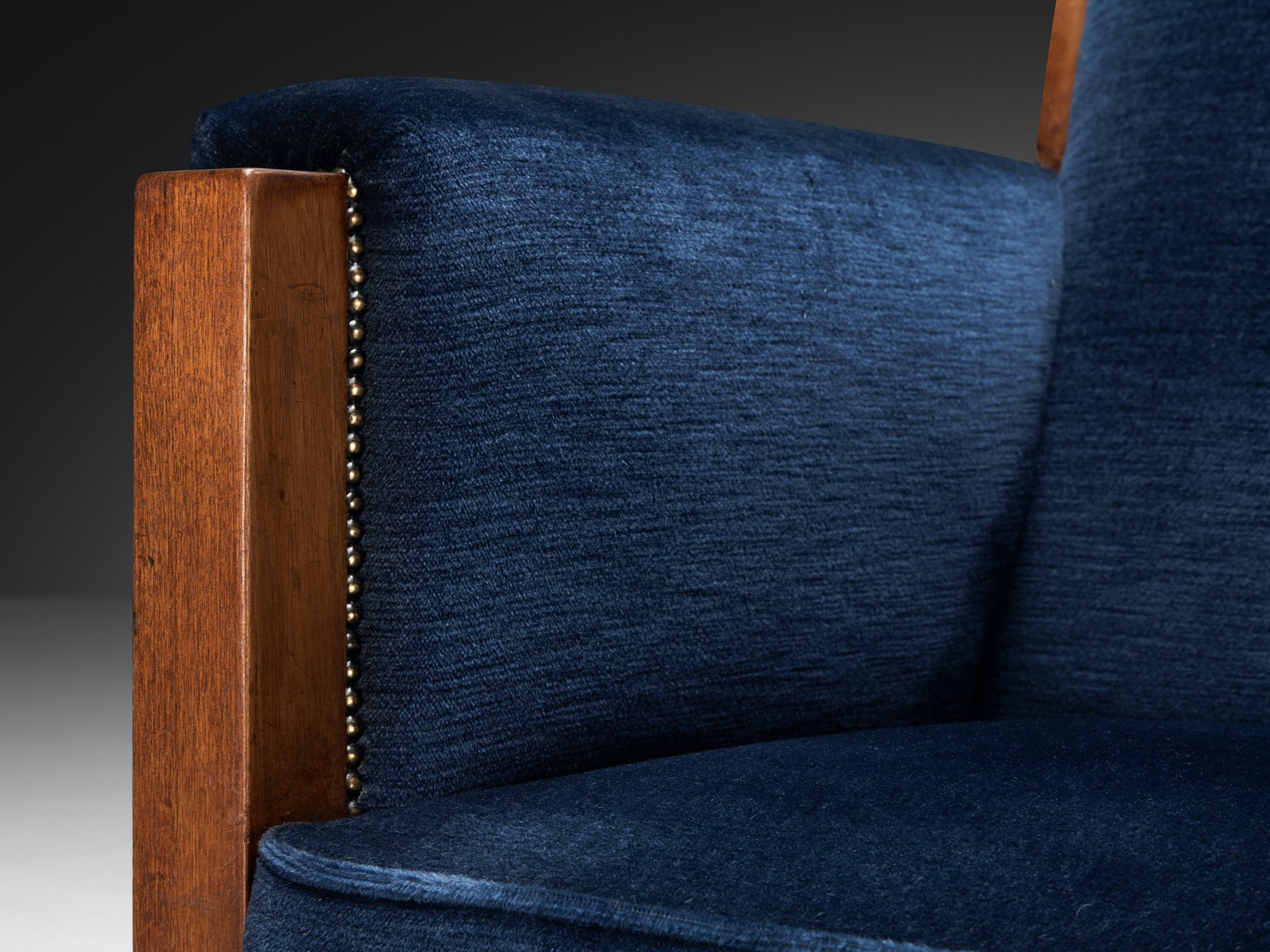 Art Deco Club Chair in Walnut and Blue Velvet Seating Morentz