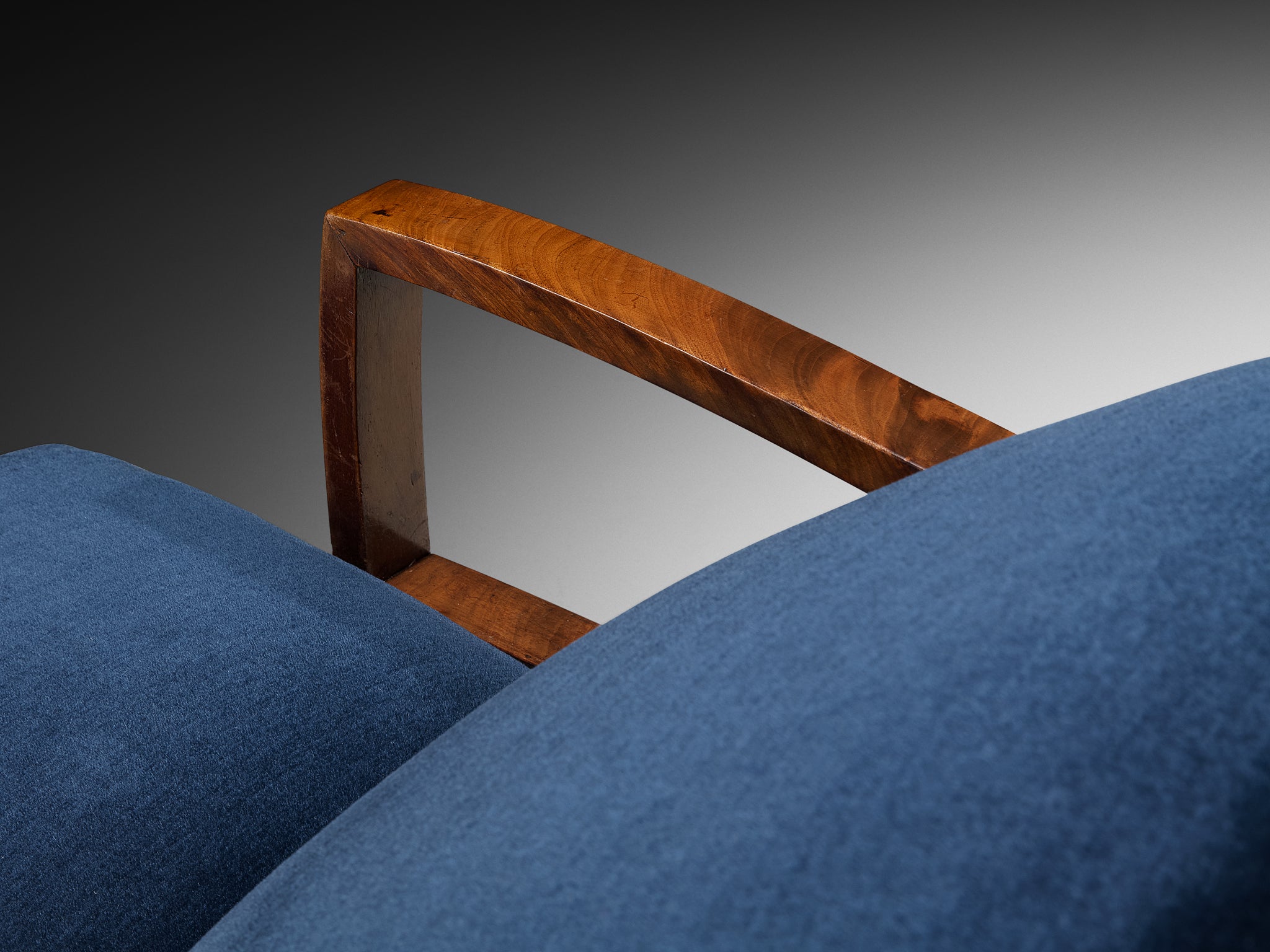 Art Deco Reclining Lounge Chair in Walnut and Blue Velvet Seating Morentz