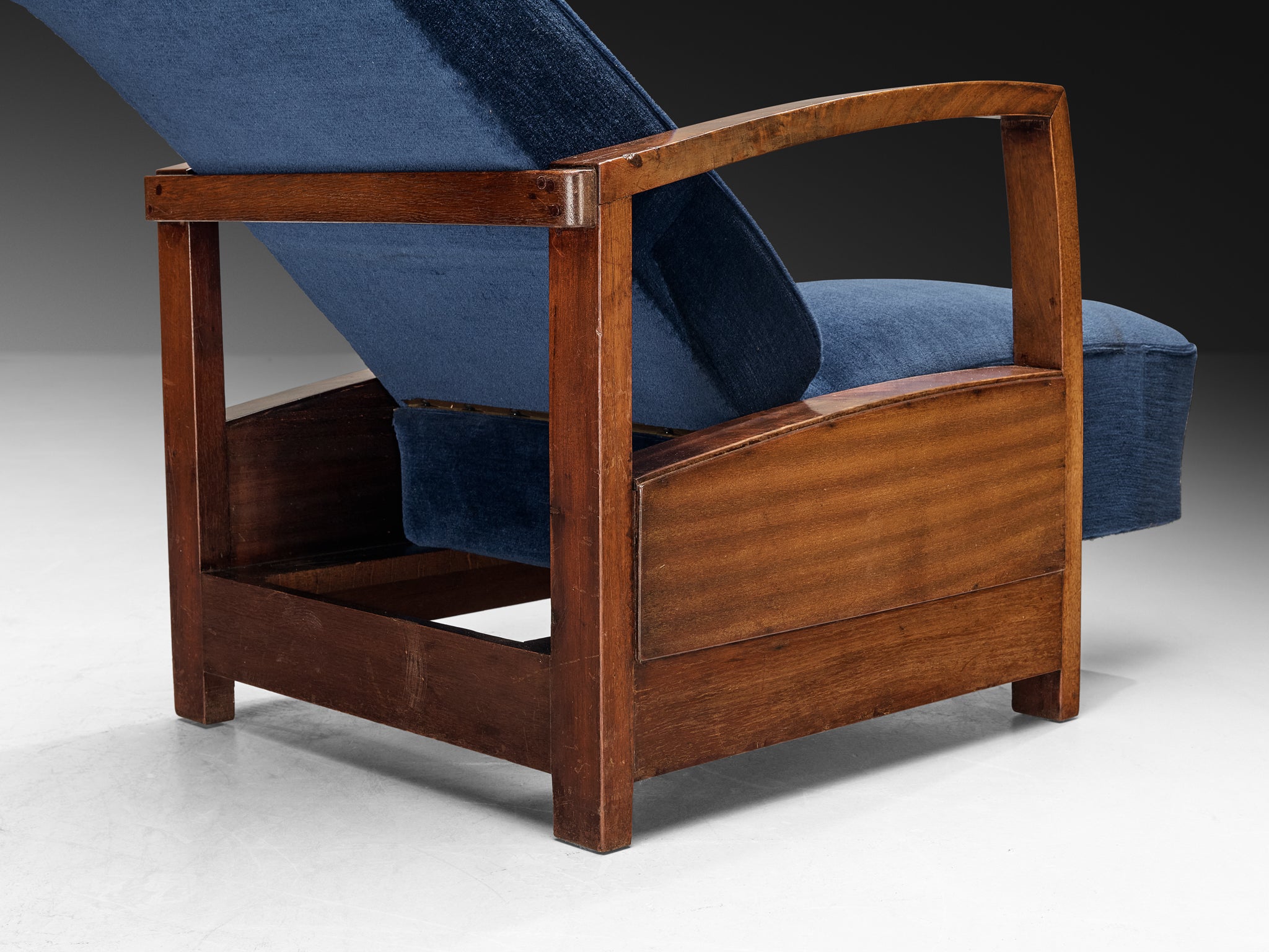 Art Deco Reclining Lounge Chair in Walnut and Blue Velvet Seating Morentz