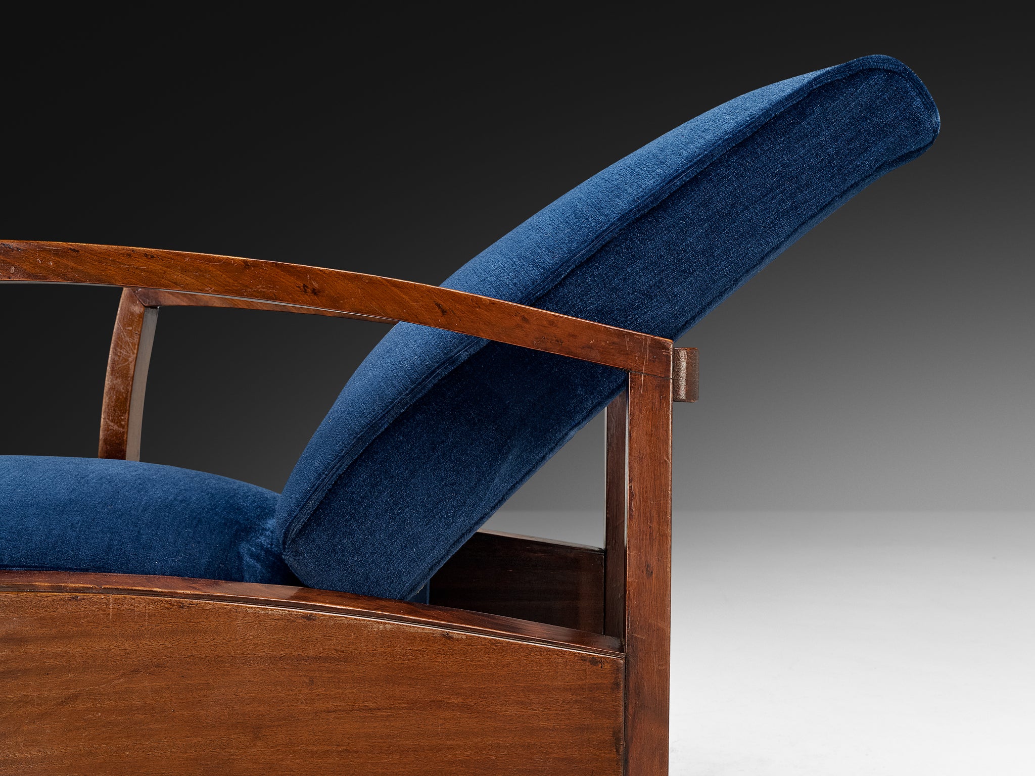 Art Deco Reclining Lounge Chair in Walnut and Blue Velvet Seating Morentz
