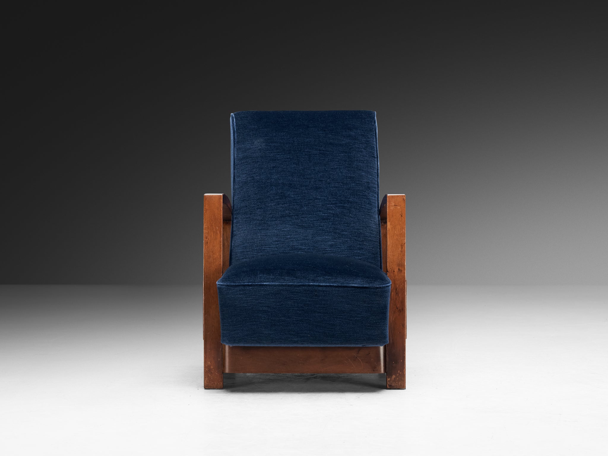 Art Deco Reclining Lounge Chair in Walnut and Blue Velvet Seating Morentz